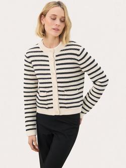 Part Two ElmiePW Long Sleeve Crew Neck Striped Cotton Blend Cardigan, Navy/Multi