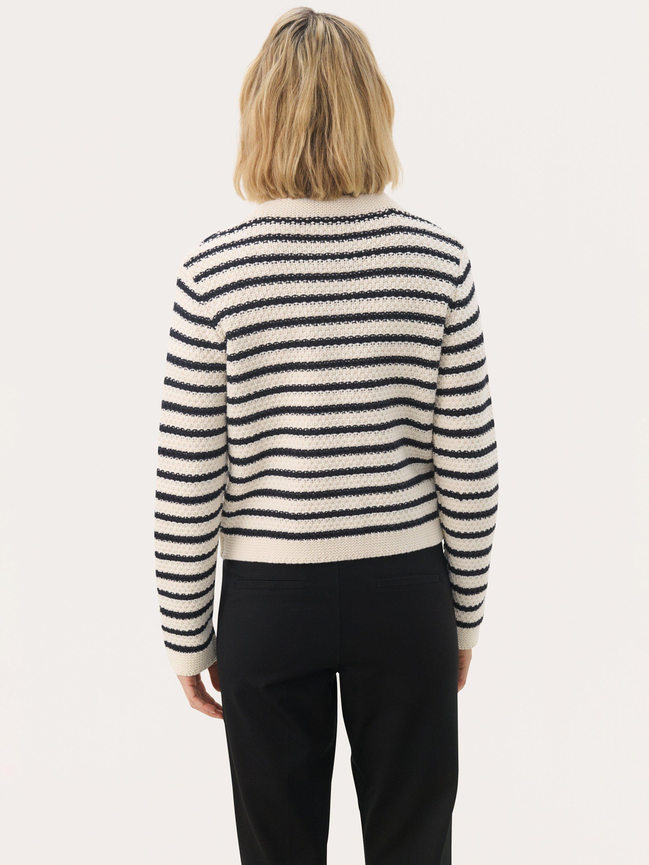 Product image 2 of 6, which shows Part Two ElmiePW Long Sleeve Crew Neck Striped Cotton Blend Cardigan, Navy/Multi, XS