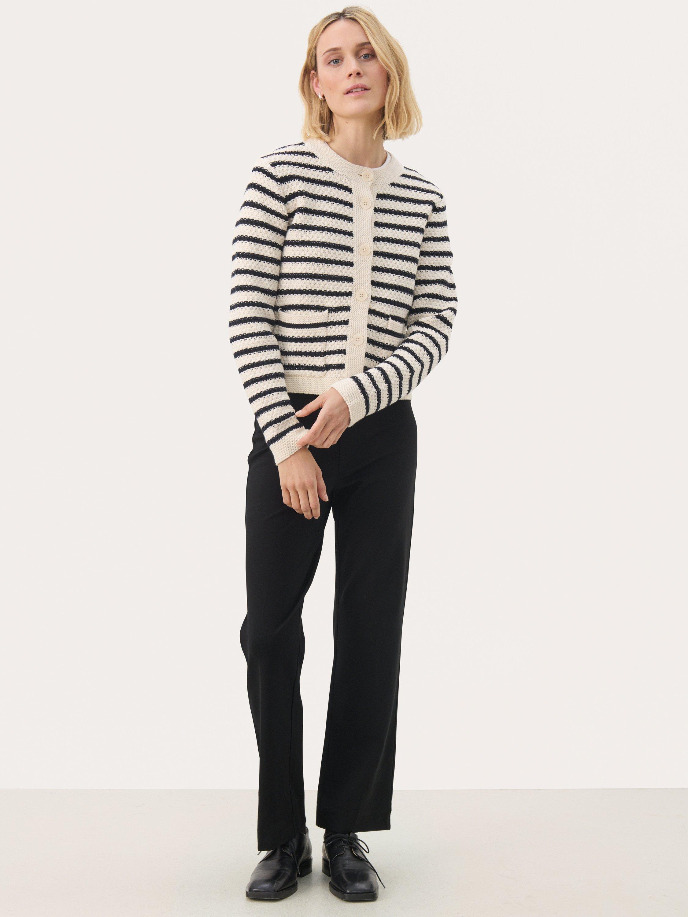 Product image 3 of 6, which shows Part Two ElmiePW Long Sleeve Crew Neck Striped Cotton Blend Cardigan, Navy/Multi, XS
