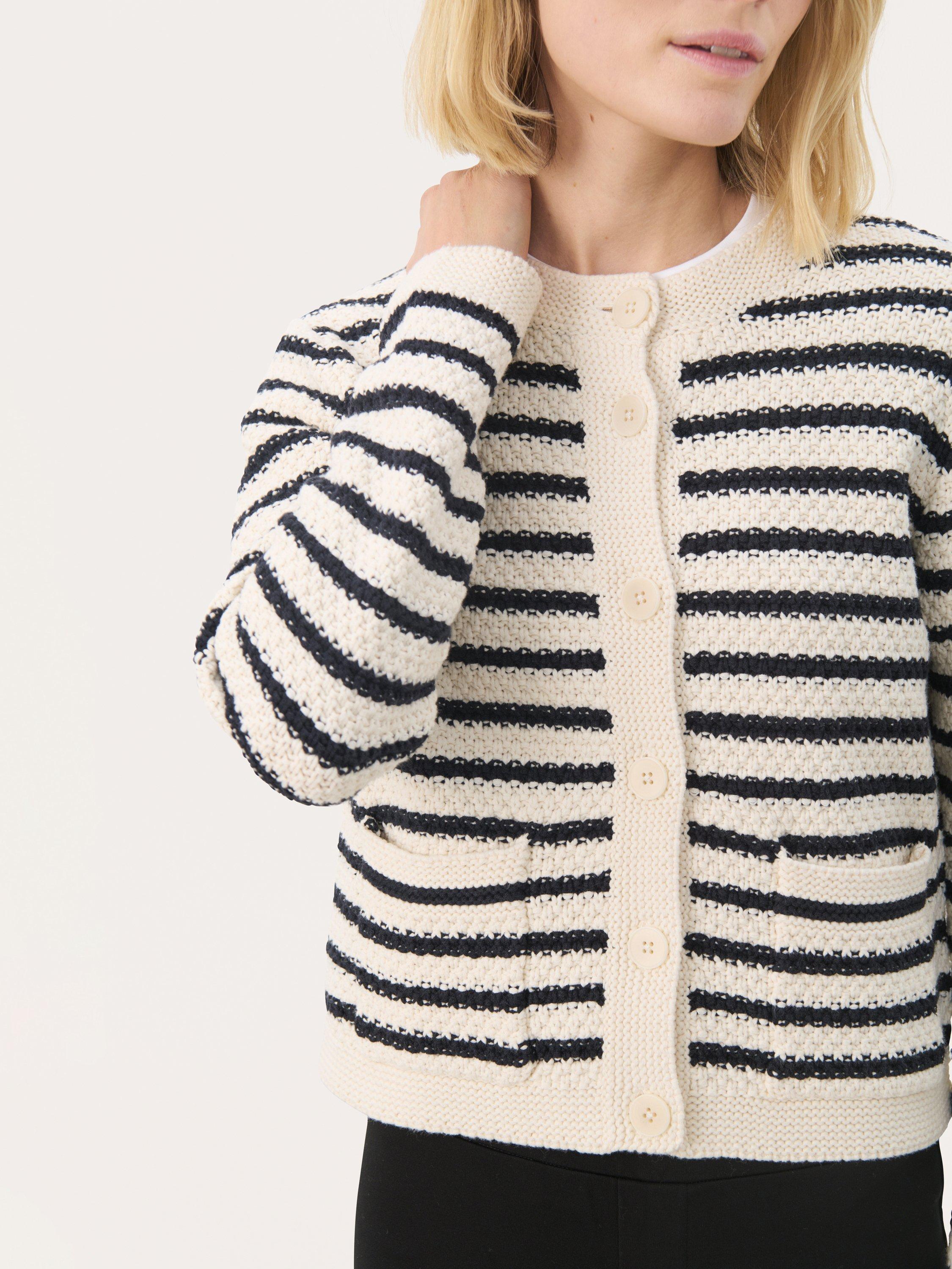 Product image 4 of 6, which shows Part Two ElmiePW Long Sleeve Crew Neck Striped Cotton Blend Cardigan, Navy/Multi, XS