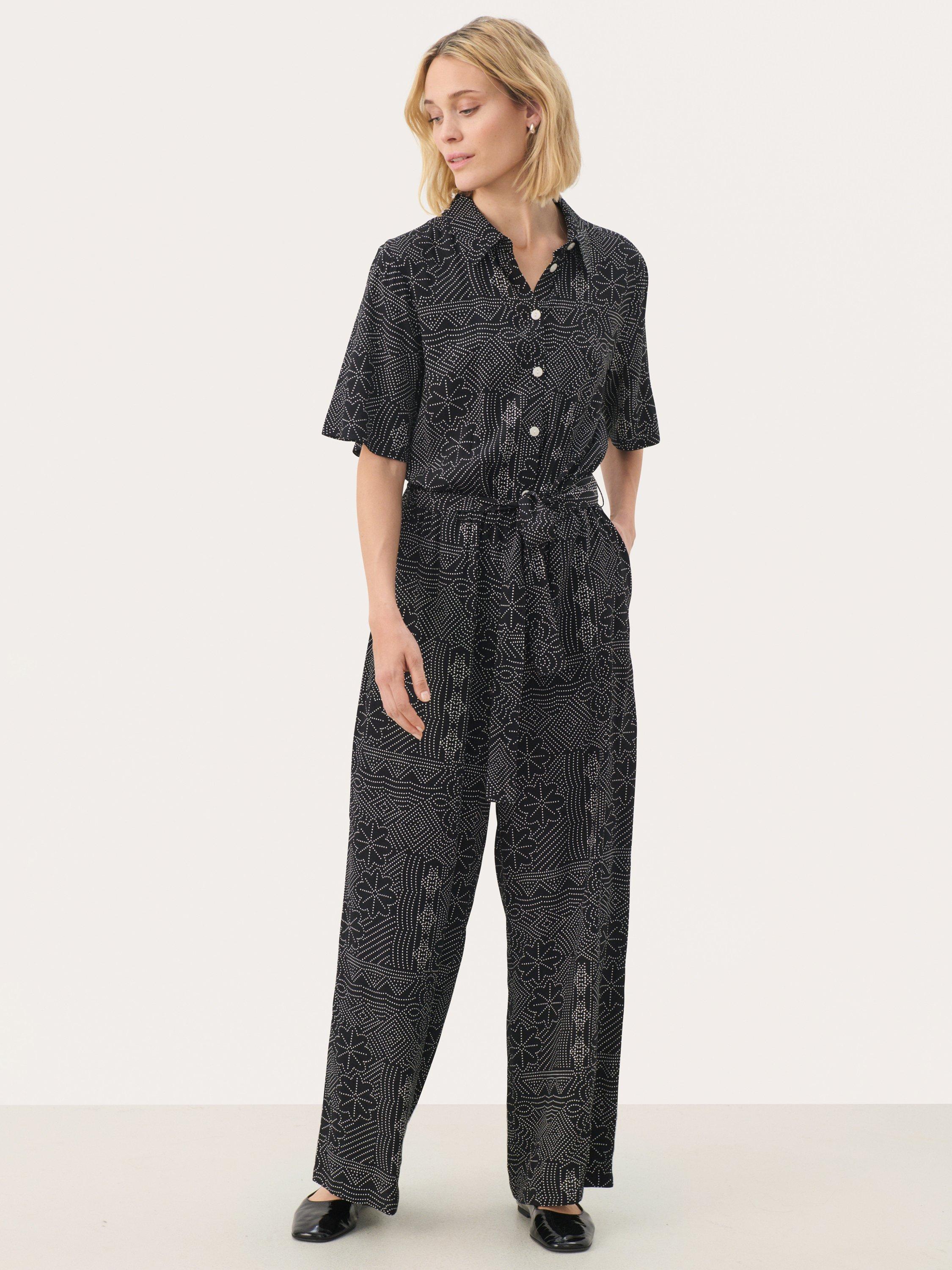 Product image 1 of 6, which shows Part Two Tilla Floral Collar Short Sleeve Jumpsuit, Black/Multi, 8