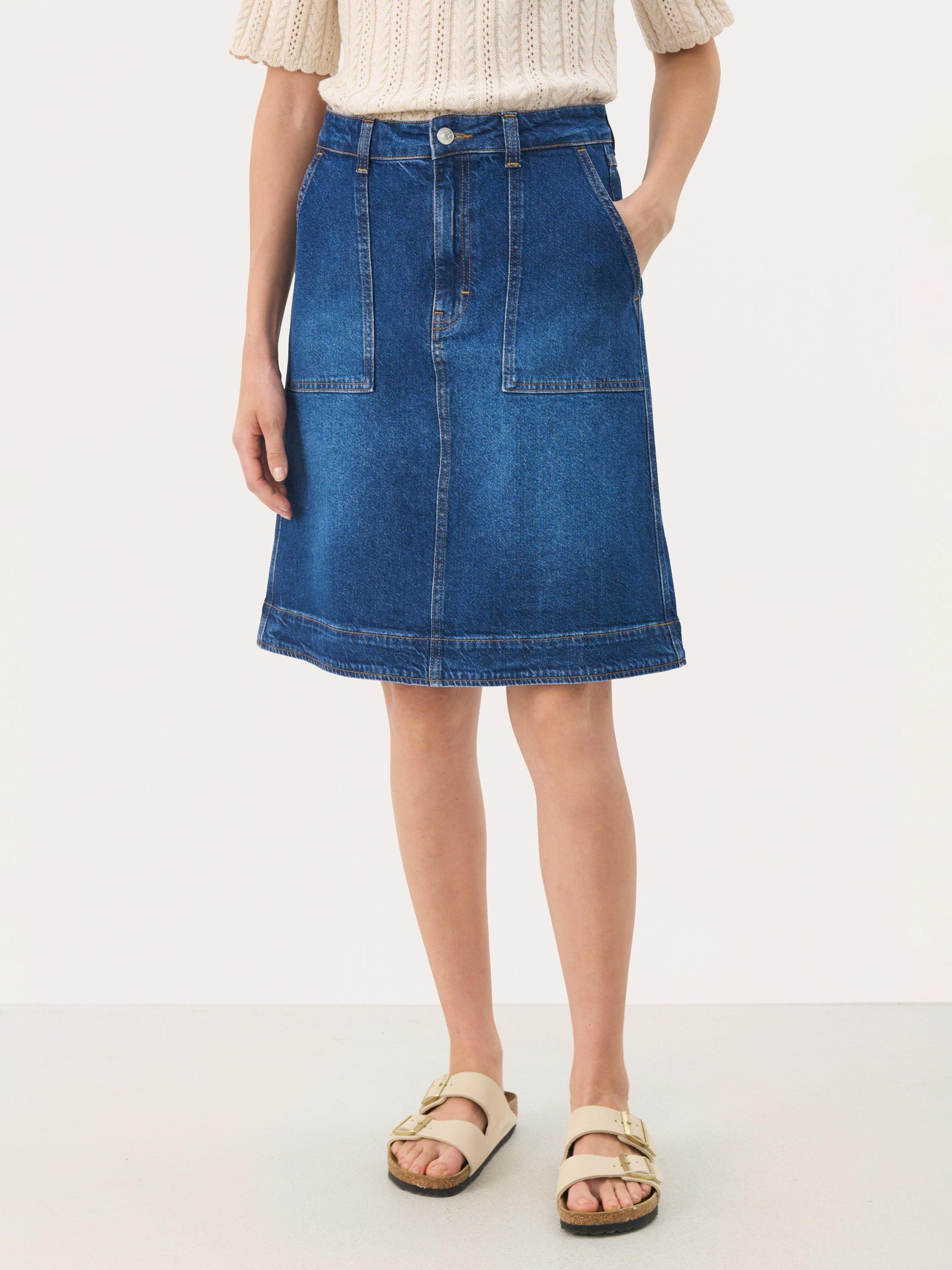 Product image 1 of 6, which shows Part Two Tammie A-Line Denim Skirt, Medium Dark Blue, 8