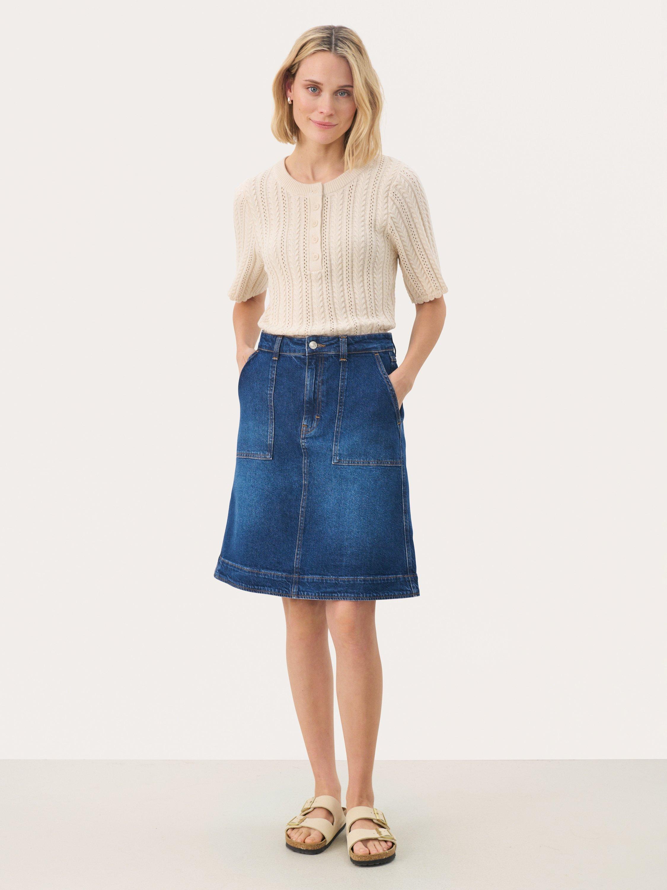 Product image 3 of 6, which shows Part Two Tammie A-Line Denim Skirt, Medium Dark Blue, 8
