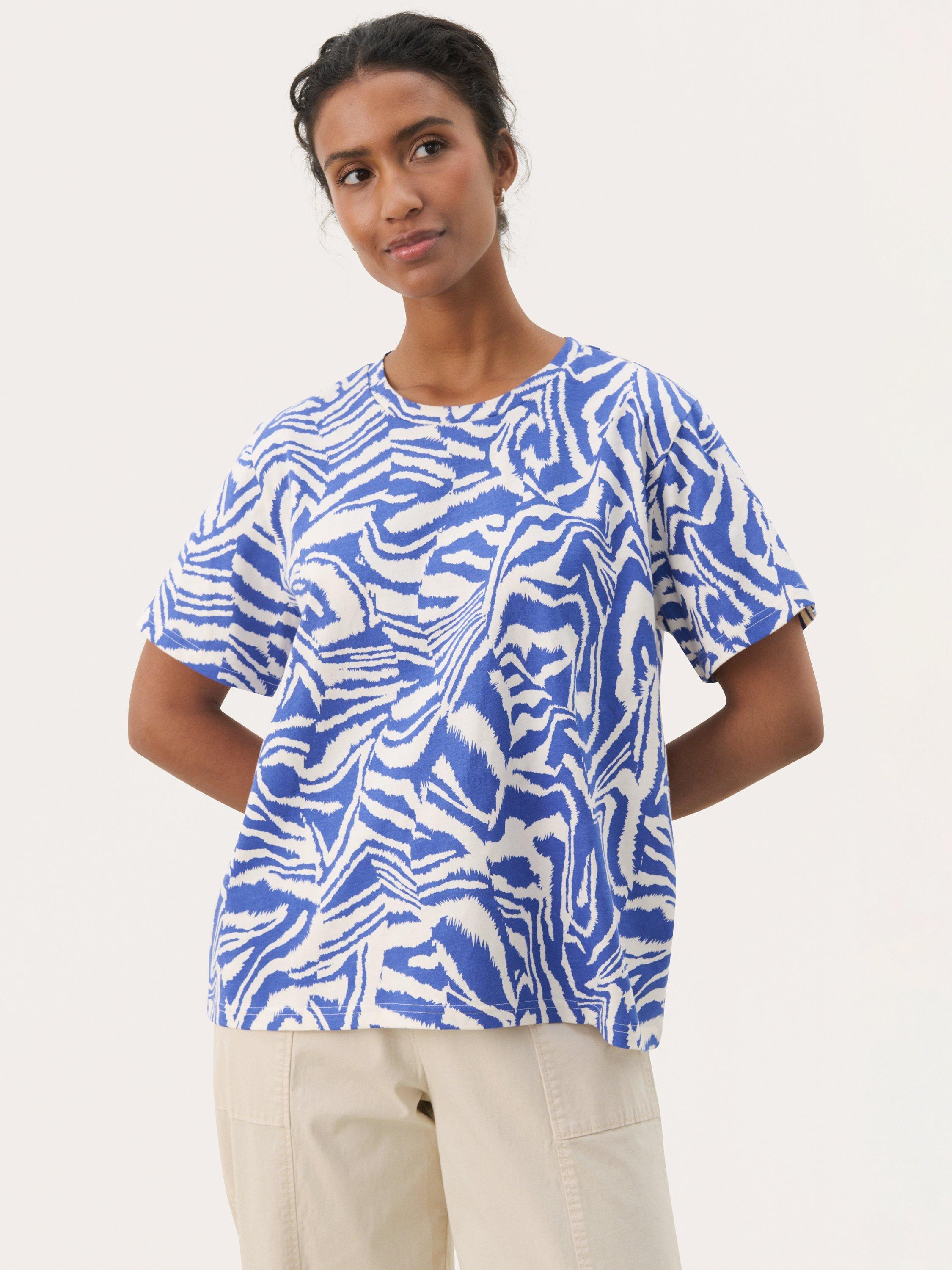 Product image 1 of 6, which shows Part Two NahidPW Animal Print Short Sleeve Cotton T-shirt, Blue/Multi, XS