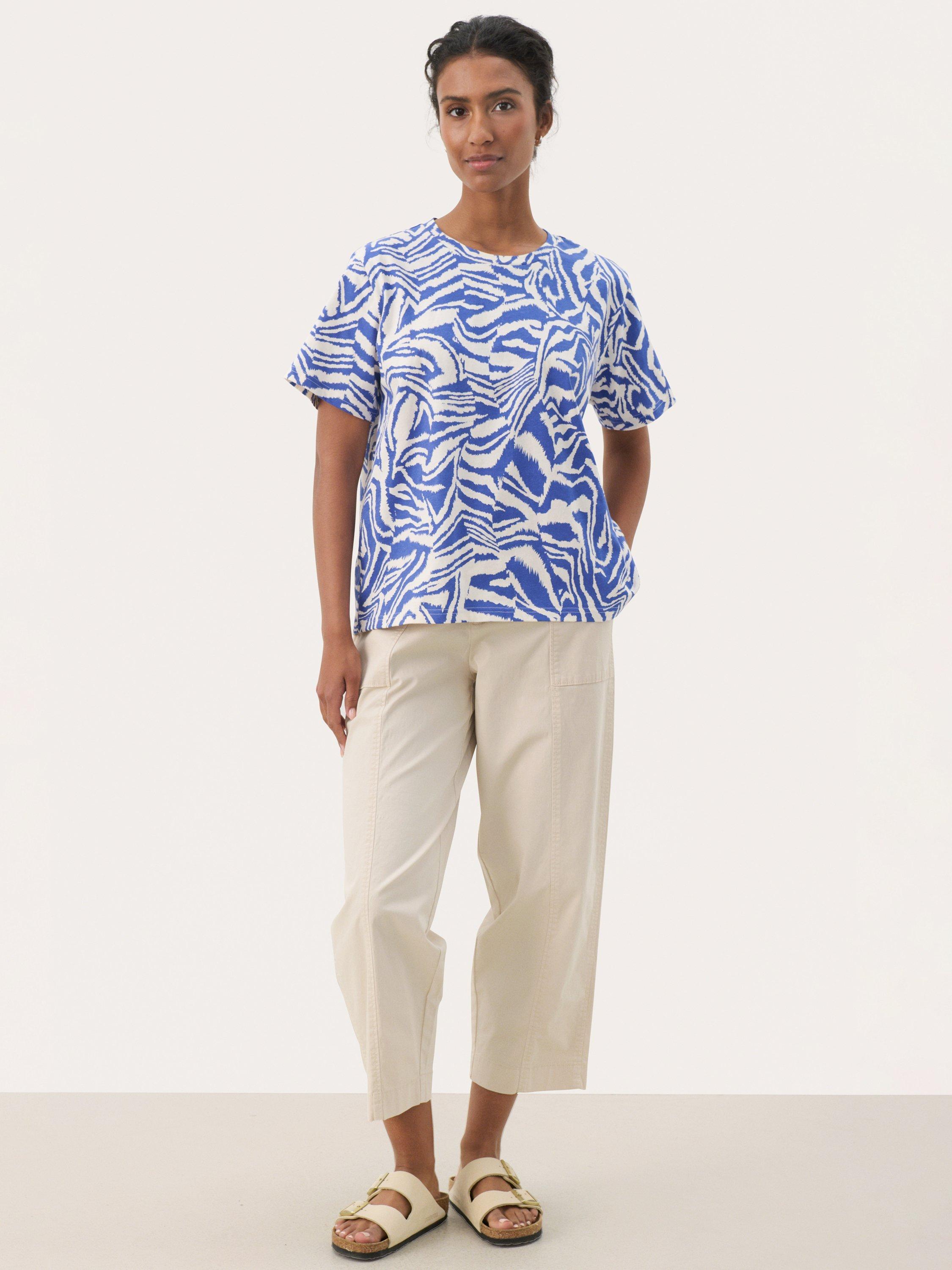 Product image 3 of 6, which shows Part Two NahidPW Animal Print Short Sleeve Cotton T-shirt, Blue/Multi, XS
