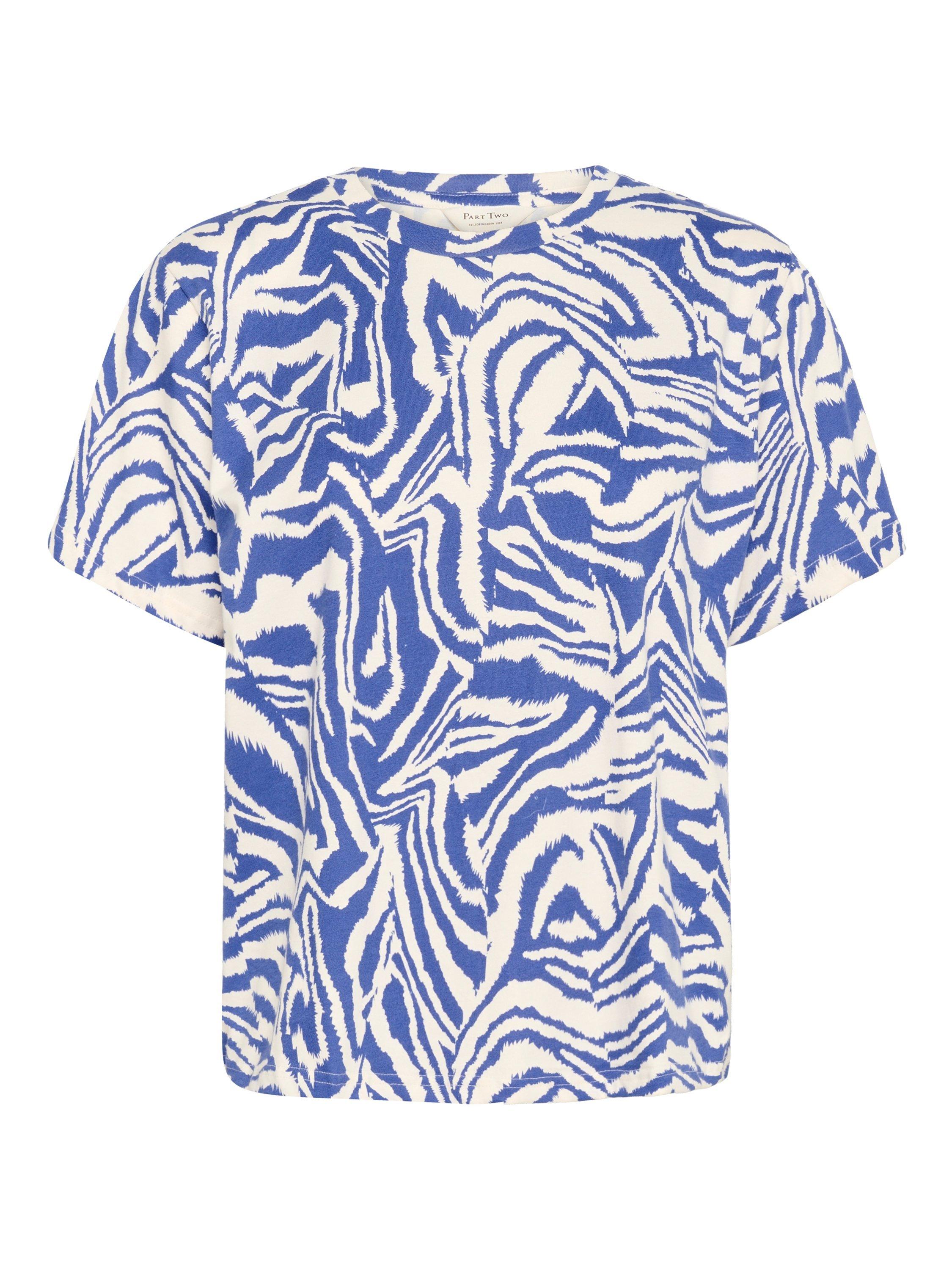 Product image 5 of 6, which shows Part Two NahidPW Animal Print Short Sleeve Cotton T-shirt, Blue/Multi, XS