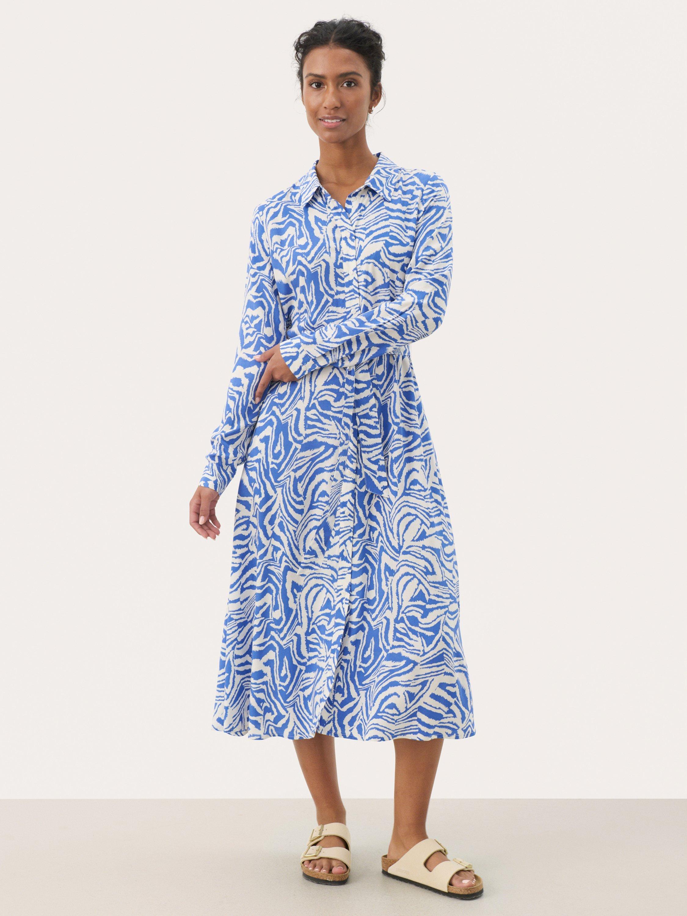 Product image 1 of 6, which shows Part Two Shelby Patterned Midi Dress, Blue/Multi, 8