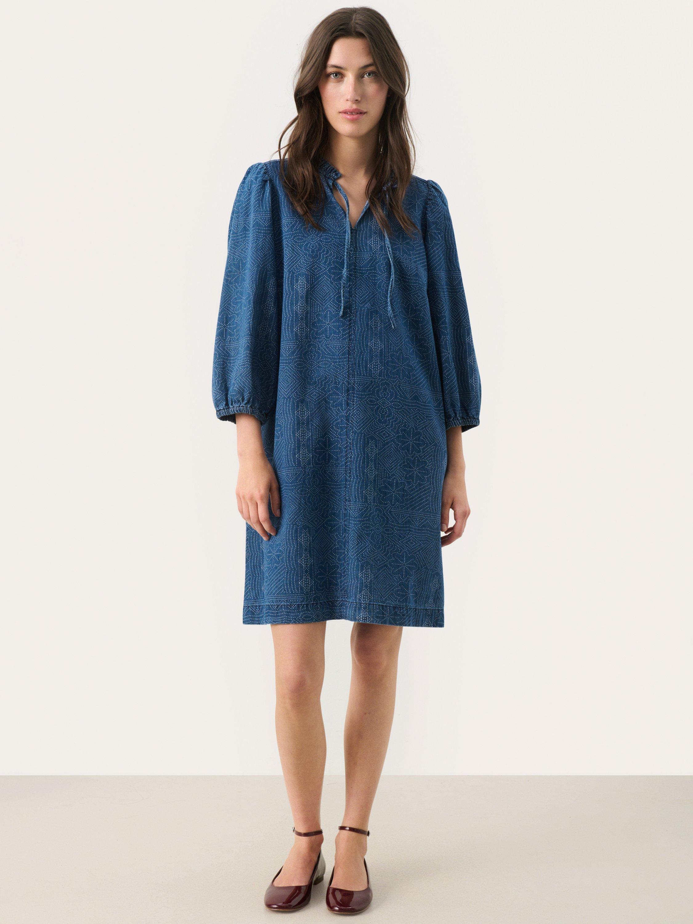 Product image 1 of 6, which shows Part Two Tasha Three Quarter Sleeve Tie Neck Dress, Mid Blue, 8