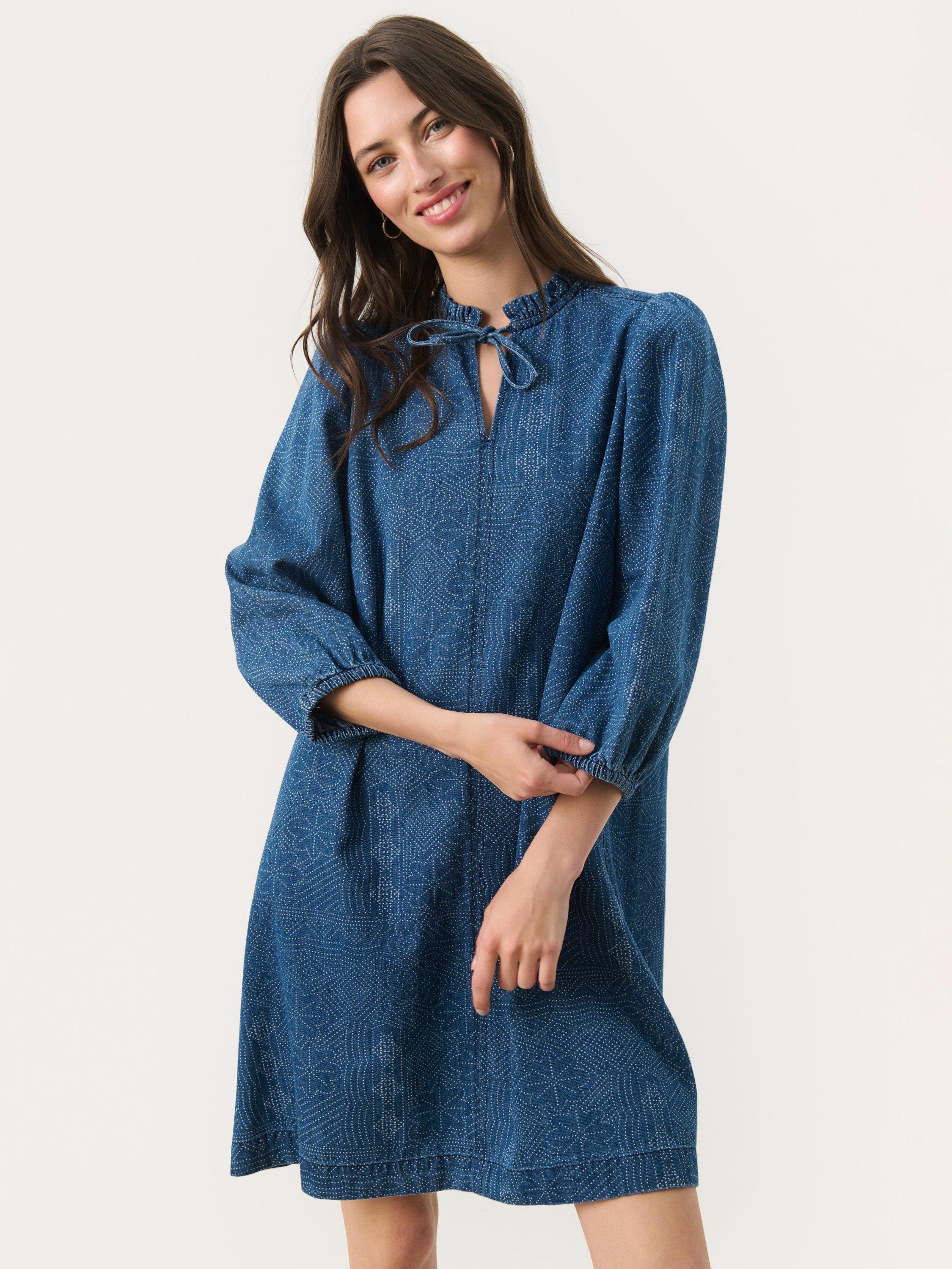 Product image 3 of 6, which shows Part Two Tasha Three Quarter Sleeve Tie Neck Dress, Mid Blue, 8