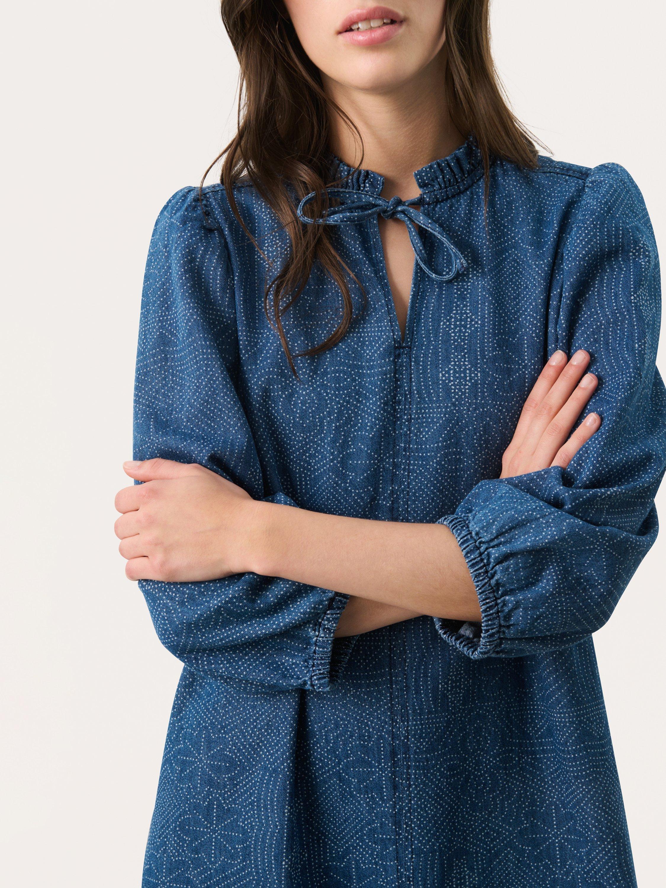 Product image 4 of 6, which shows Part Two Tasha Three Quarter Sleeve Tie Neck Dress, Mid Blue, 8