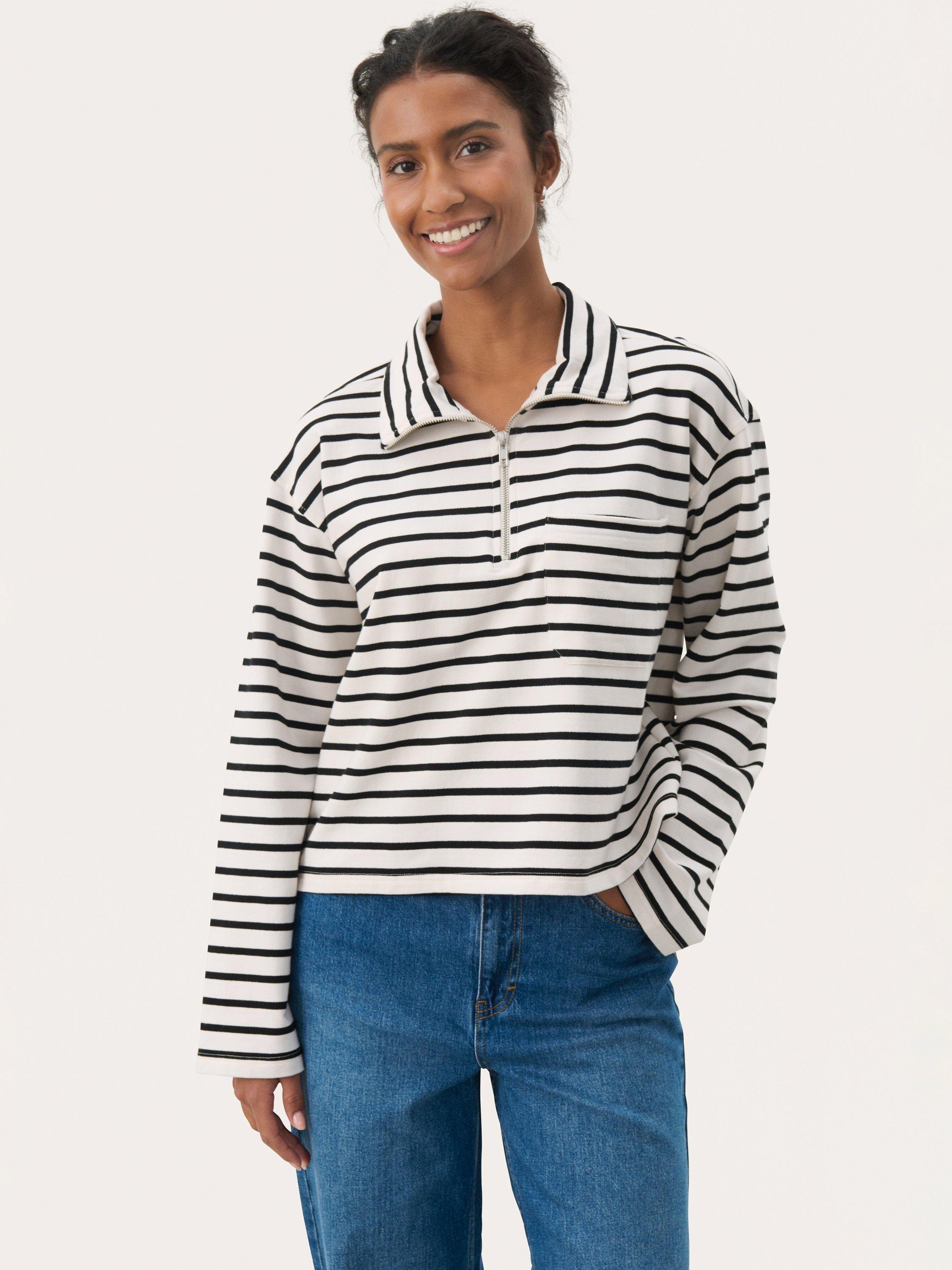 Product image 1 of 6, which shows Part Two Tiana Cotton Collared Striped Sweatshirt , Black/Multi, XS