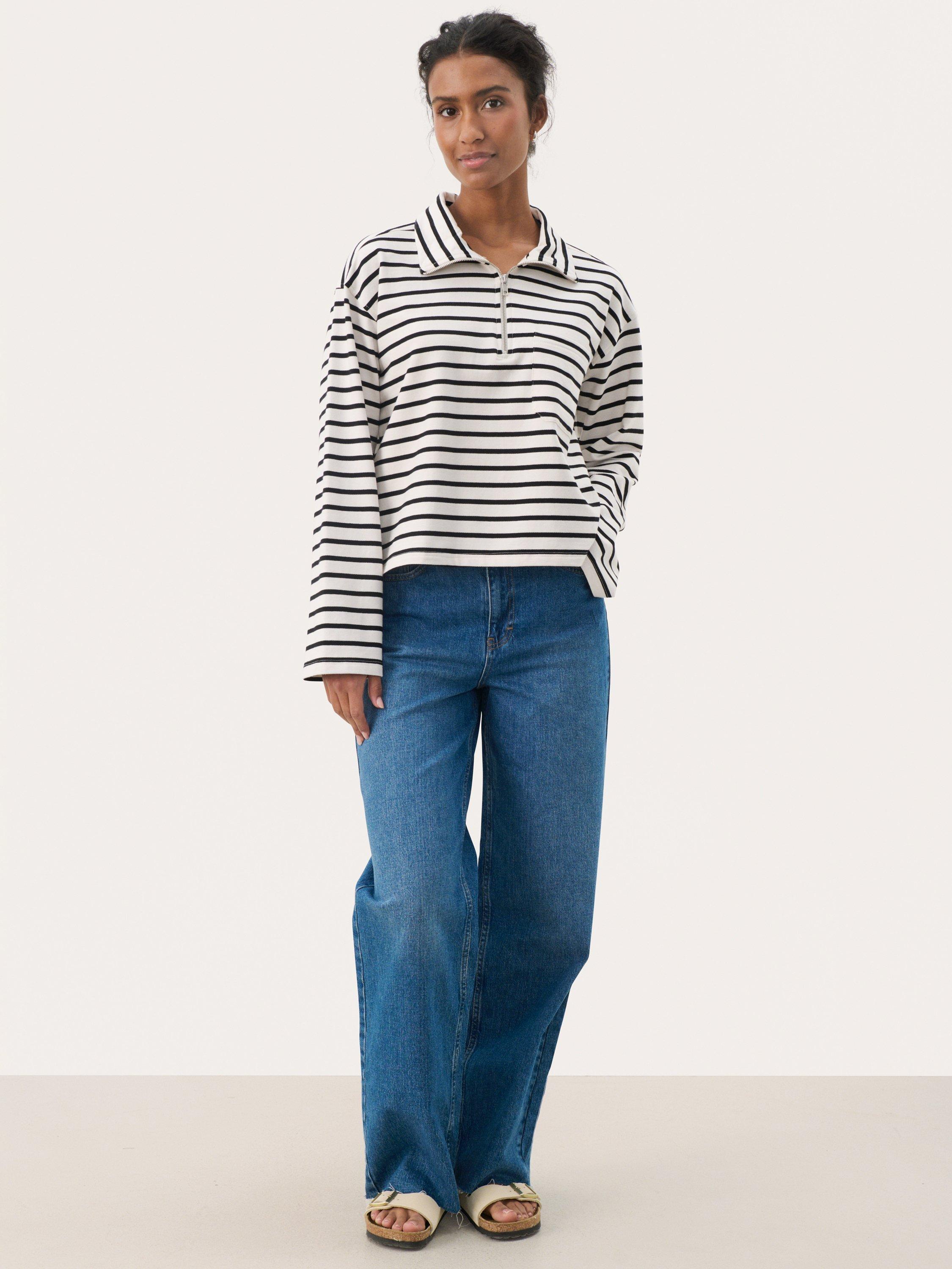 Product image 3 of 6, which shows Part Two Tiana Cotton Collared Striped Sweatshirt , Black/Multi, XS