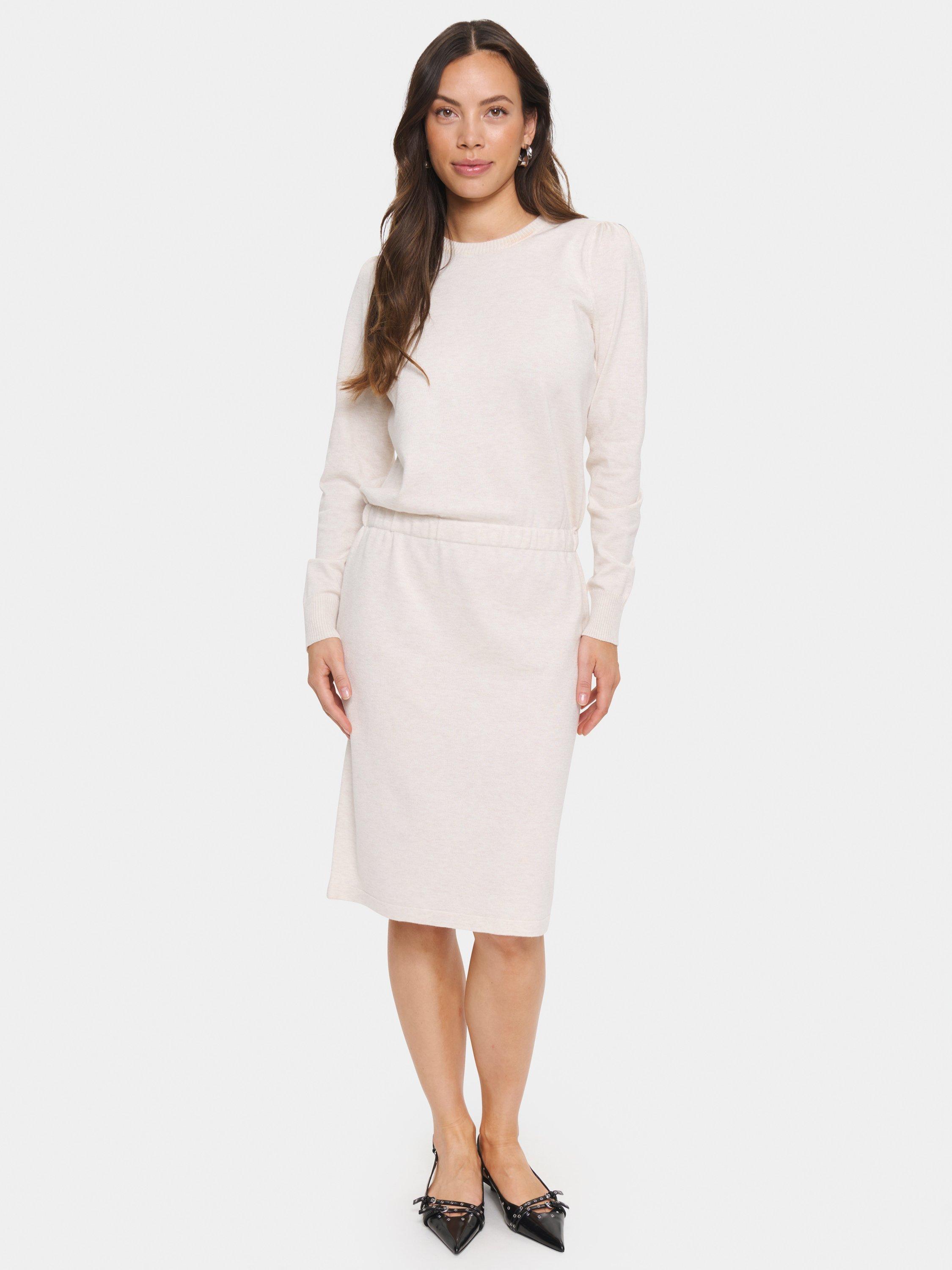 Product image 3 of 6, which shows Saint Tropez Mila Long Sleeve Elastic Waist Dress, Beige, XS