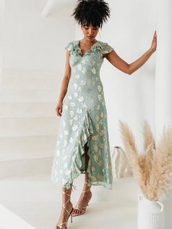 Maya Deluxe Floral Ruffle A-Line Jacquard Midaxi Dress, Mint