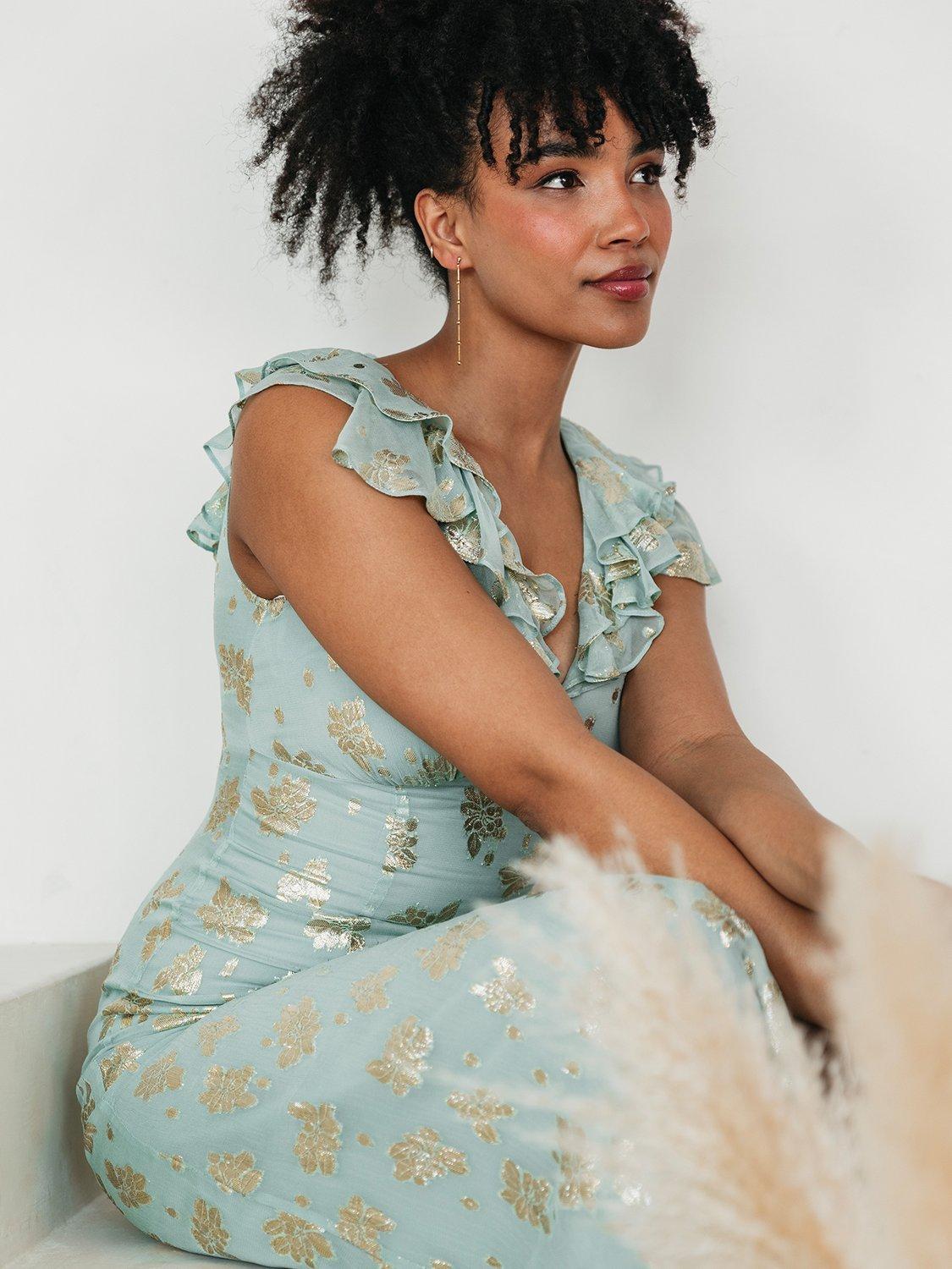 Product image 2 of 7, which shows Maya Deluxe Floral Ruffle A-Line Jacquard Midaxi Dress, Mint, 6
