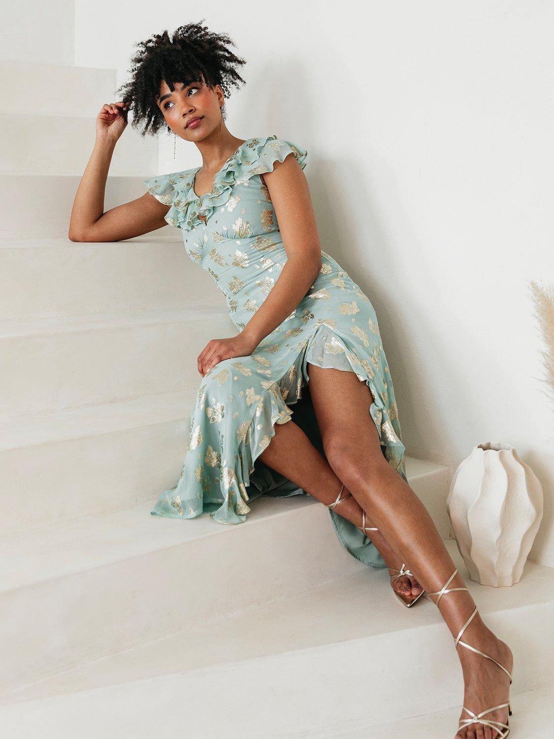 Product image 3 of 7, which shows Maya Deluxe Floral Ruffle A-Line Jacquard Midaxi Dress, Mint, 6