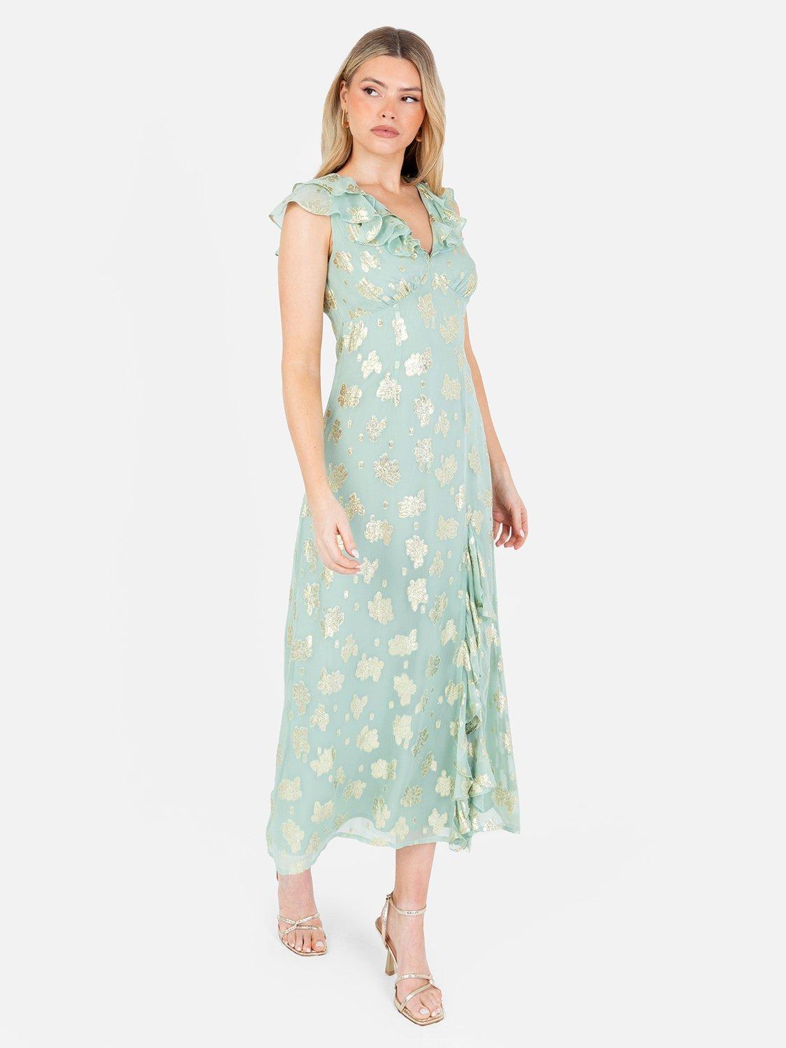 Product image 4 of 7, which shows Maya Deluxe Floral Ruffle A-Line Jacquard Midaxi Dress, Mint, 6