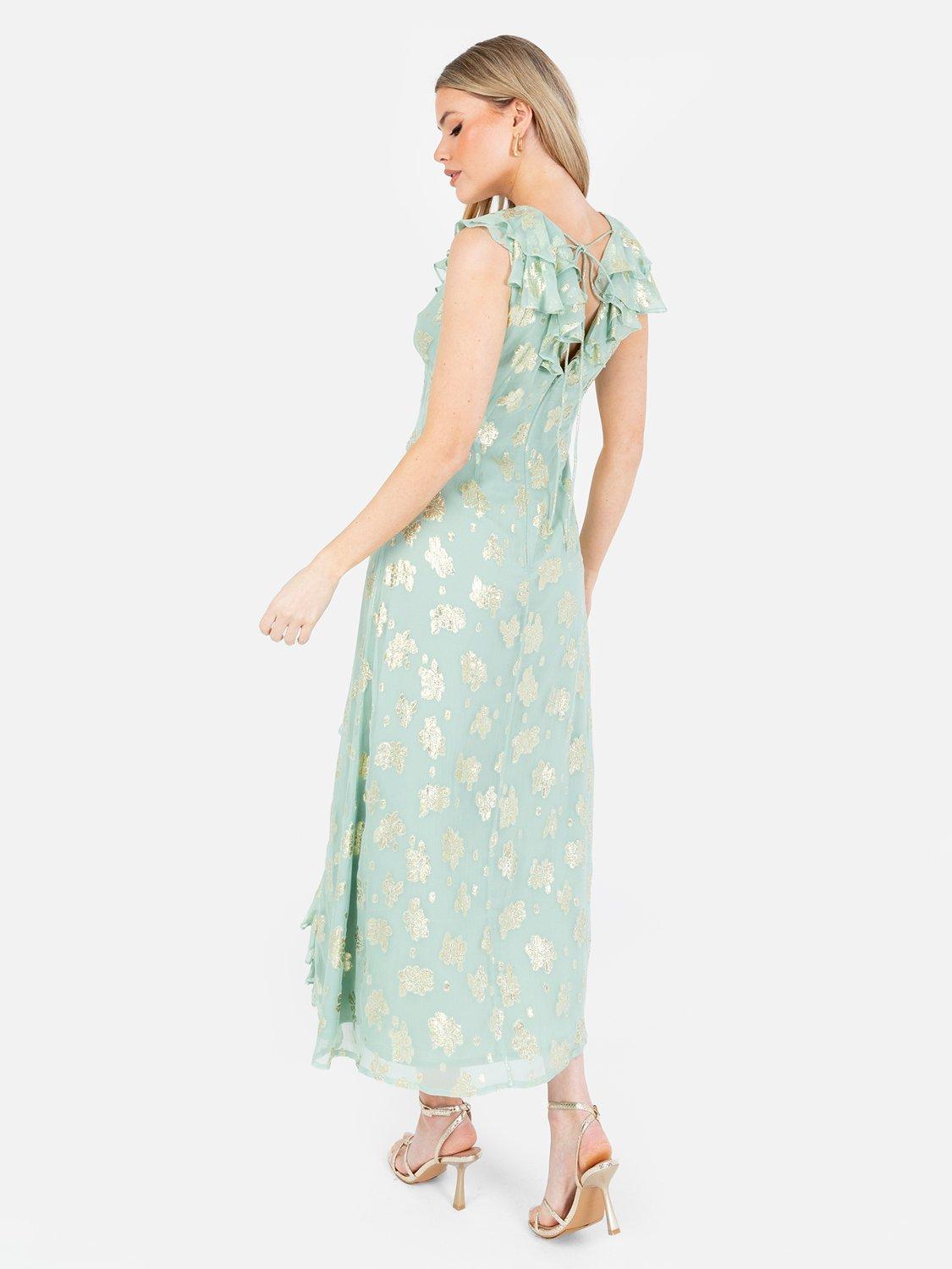 Product image 5 of 7, which shows Maya Deluxe Floral Ruffle A-Line Jacquard Midaxi Dress, Mint, 6