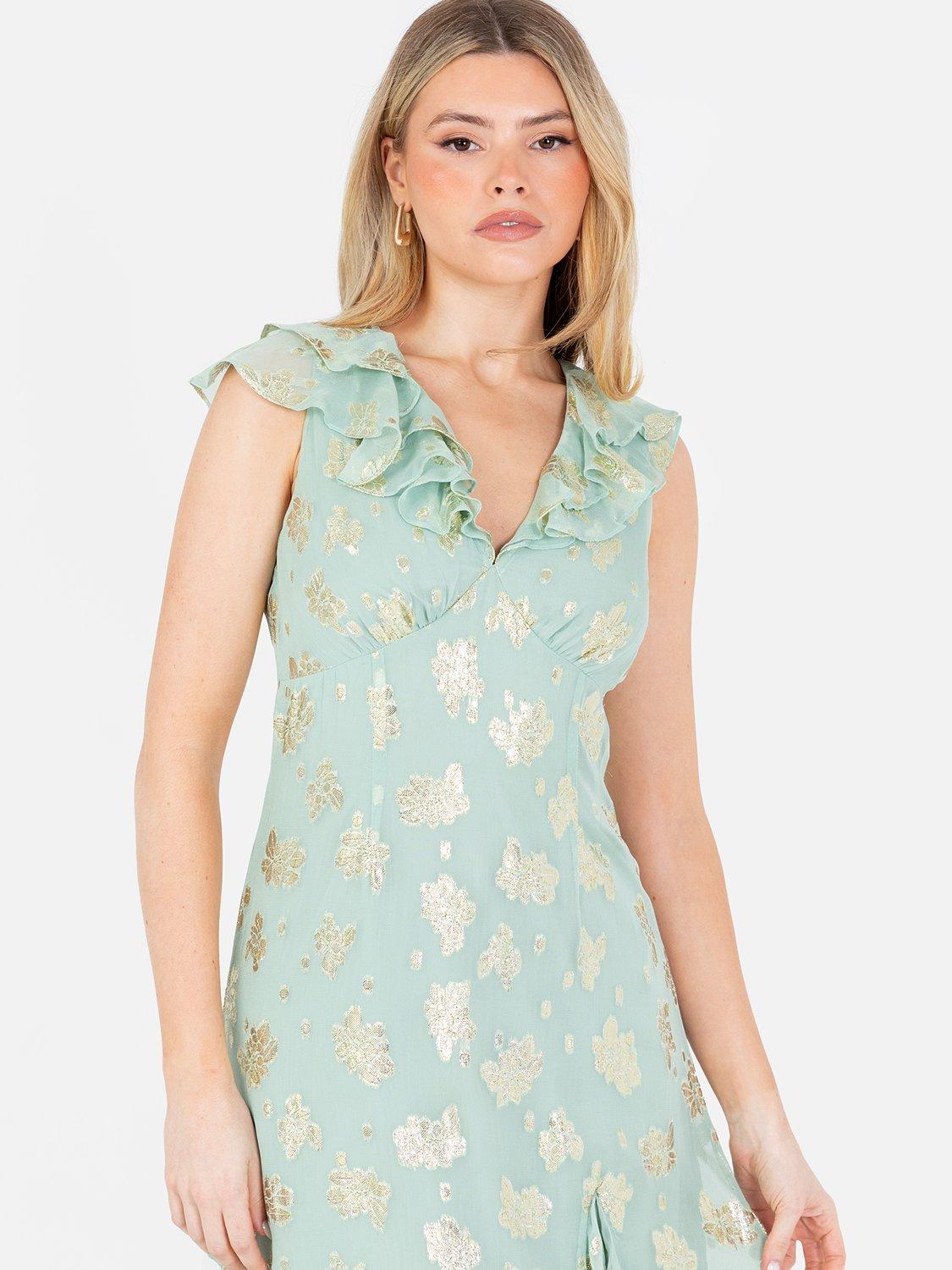 Product image 6 of 7, which shows Maya Deluxe Floral Ruffle A-Line Jacquard Midaxi Dress, Mint, 6