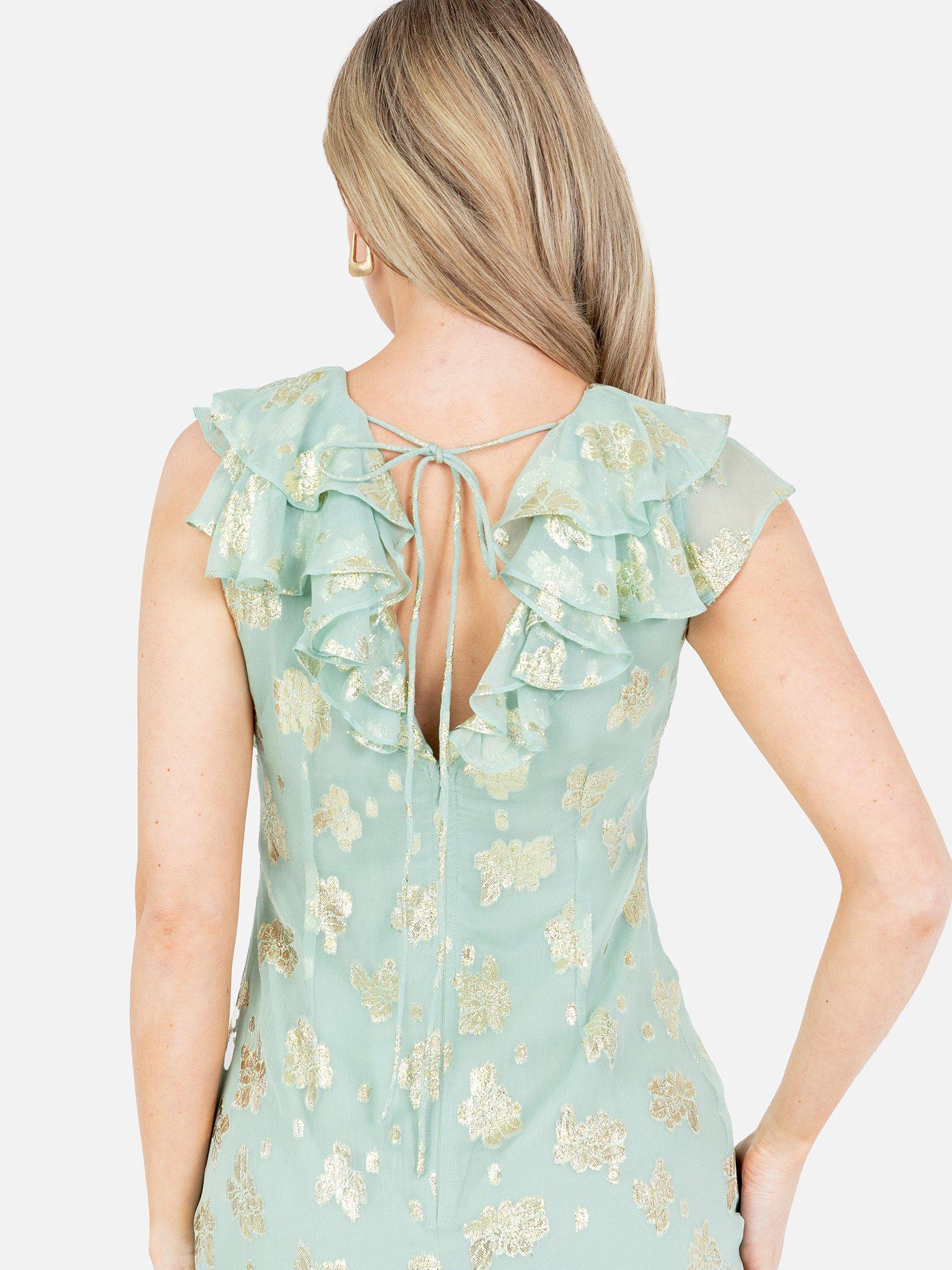 Product image 7 of 7, which shows Maya Deluxe Floral Ruffle A-Line Jacquard Midaxi Dress, Mint, 6