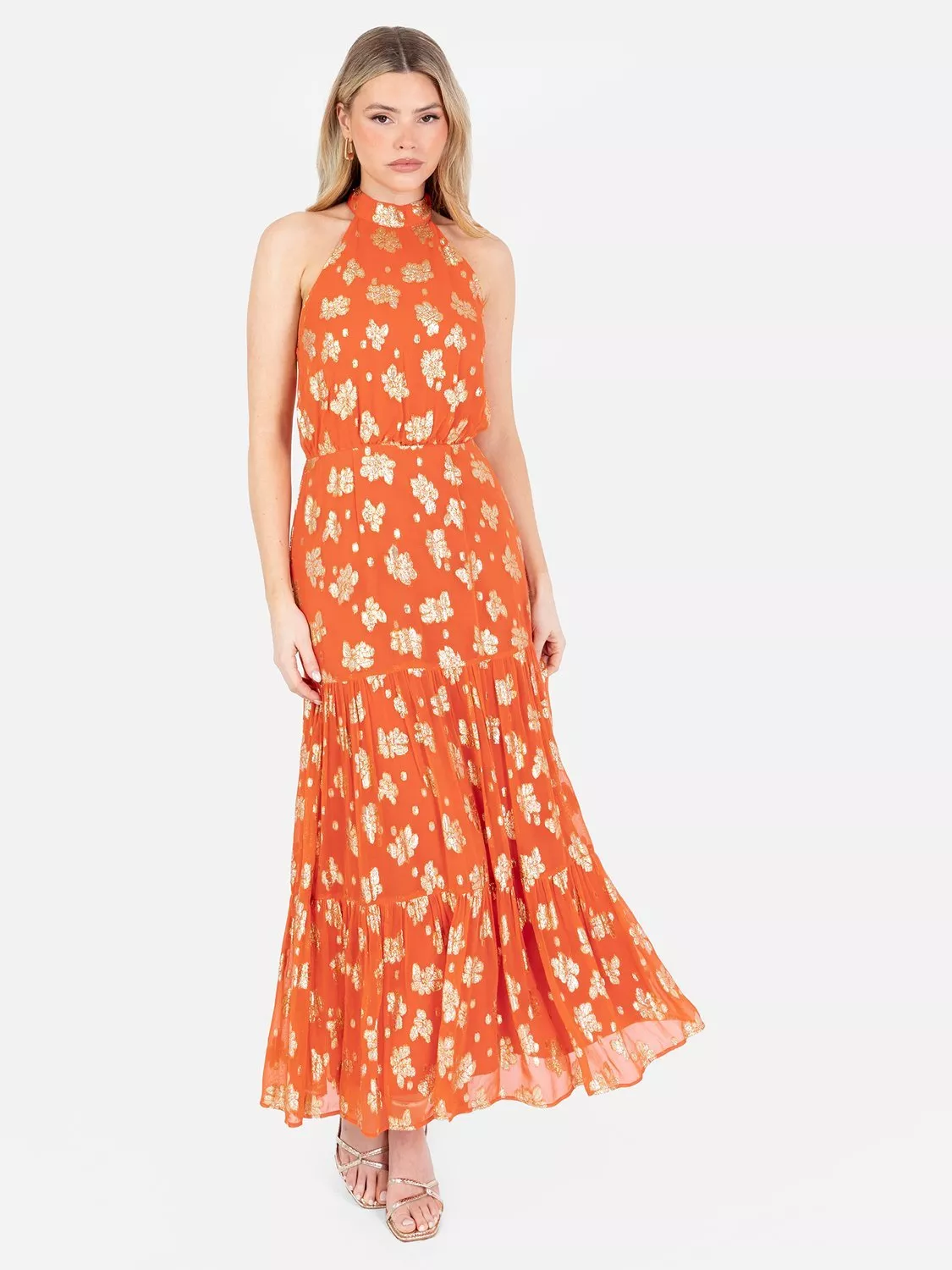 strapless open back dress Isabelle Orange Pink Yellow Print Float Sleeve Maxi Dress – Scarlett & Jo main image 1
