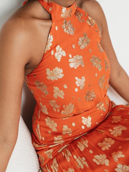 Maya Deluxe Floral Jacquard Midaxi Dress, Orange - view 2, Orange