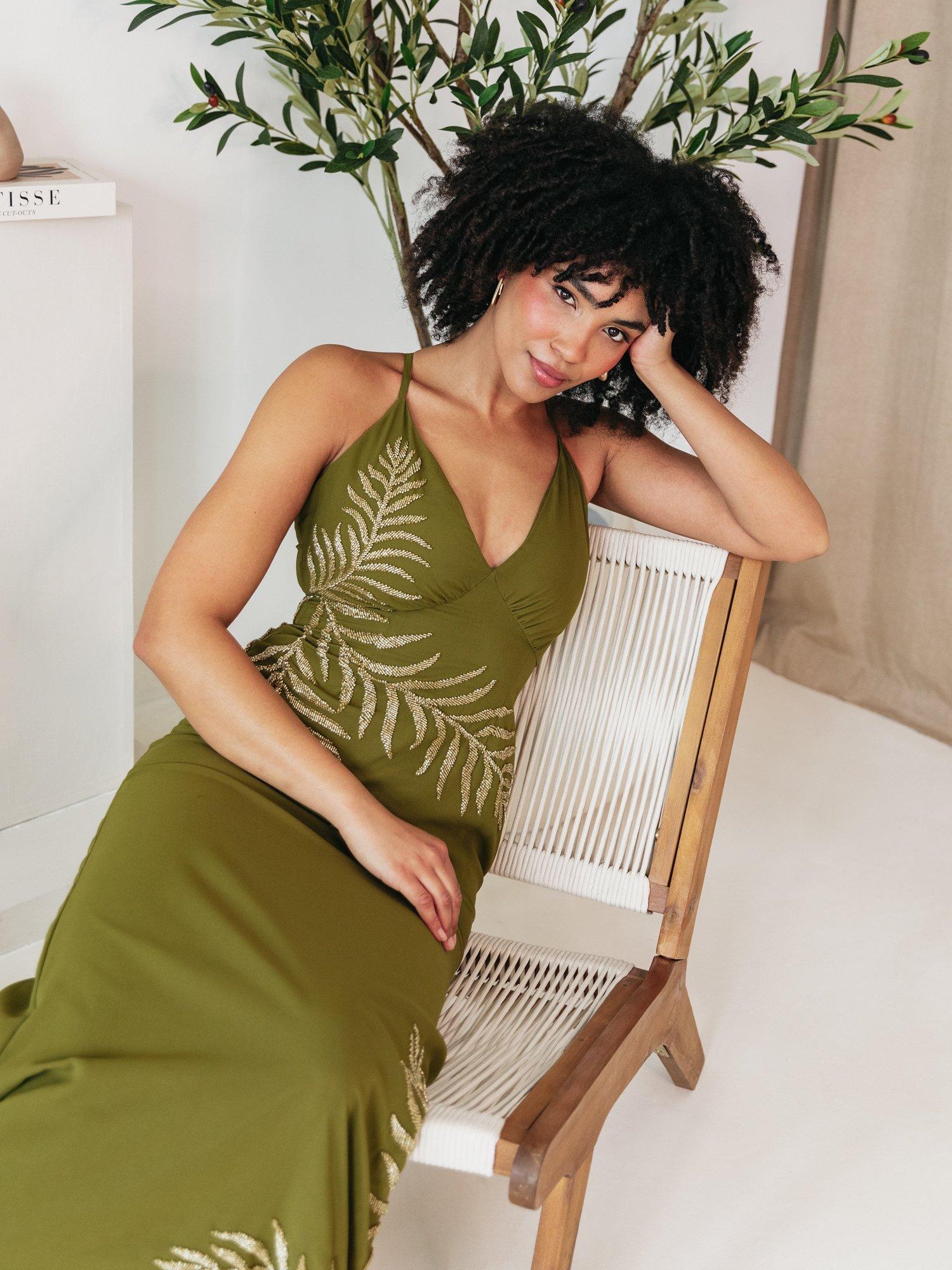 Product image 4 of 8, which shows Maya Deluxe Embellished Palm Cross Back Maxi Dress, Olive, 6