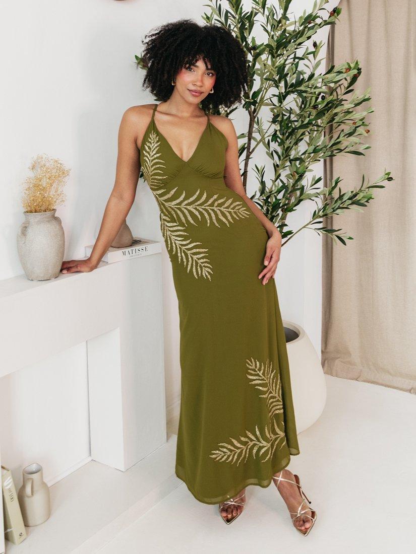 Product image 5 of 8, which shows Maya Deluxe Embellished Palm Cross Back Maxi Dress, Olive, 6