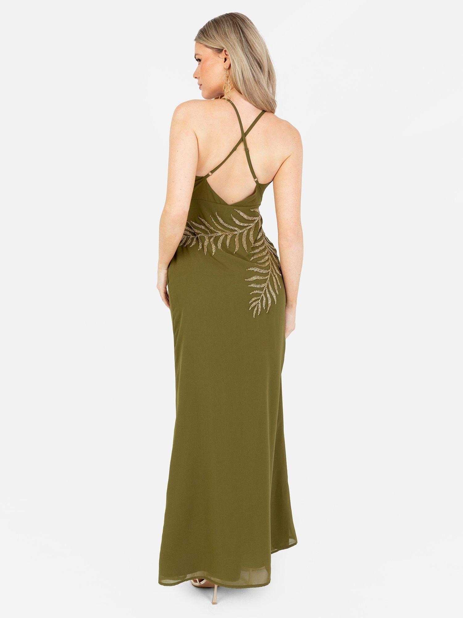 Product image 6 of 8, which shows Maya Deluxe Embellished Palm Cross Back Maxi Dress, Olive, 6