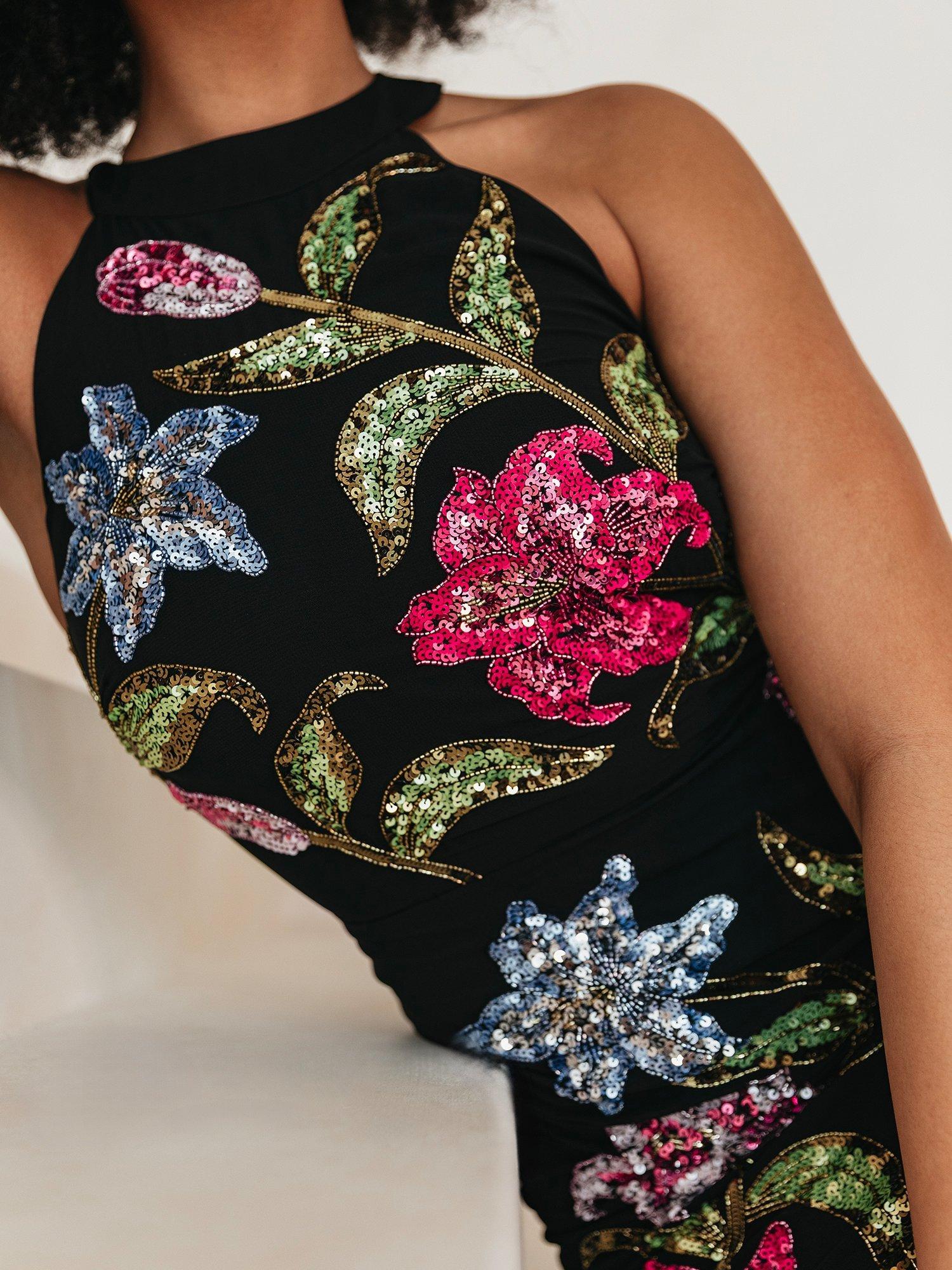 Product image 3 of 8, which shows Maya Deluxe Embellished Floral Mini Dress, Black, 6
