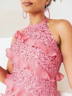 Maya Deluxe Sequin Chiffon Ruffle Mini Dress, Rosy Pink - view 2, Rosy Pink