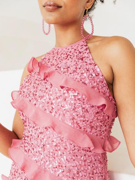 Maya Deluxe Sequin Chiffon Ruffle Mini Dress, Rosy Pink - view 2, Rosy Pink