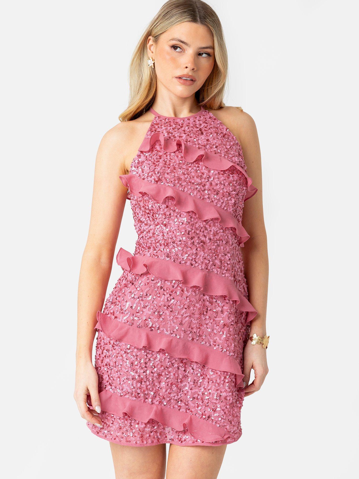 Product image 6 of 8, which shows Maya Deluxe Sequin Chiffon Ruffle Mini Dress, Rosy Pink, 6