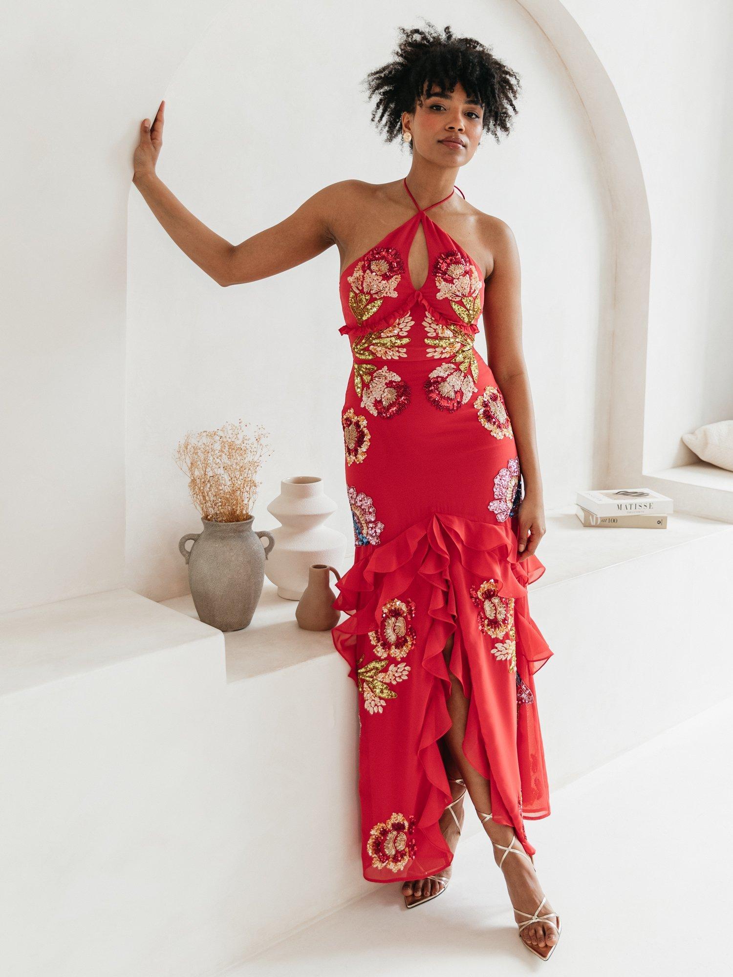 Product image 1 of 8, which shows Maya Deluxe Floral Print Embellished Halterneck Maxi Dress, Hot Pink/Multi, 6