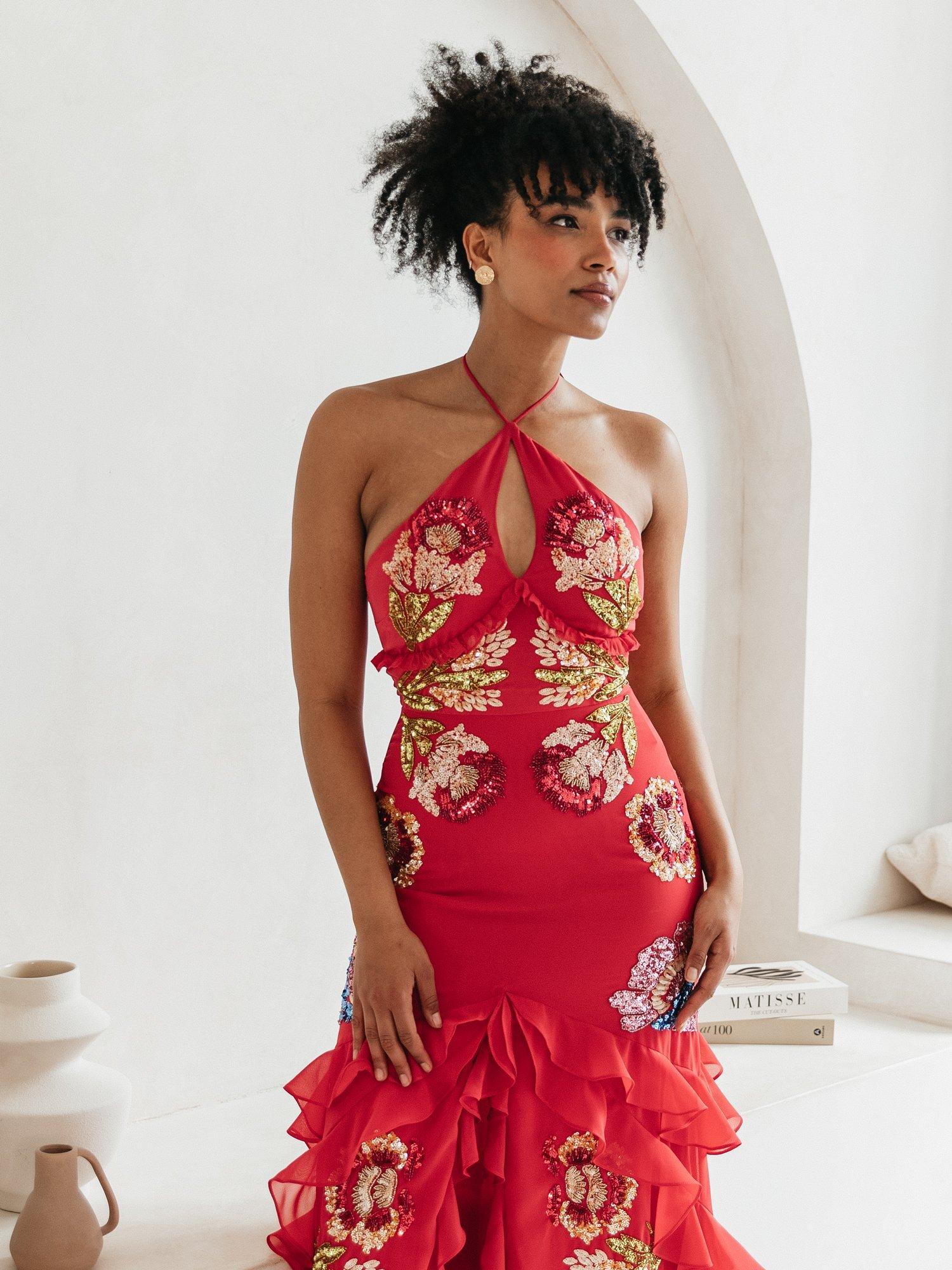 Product image 2 of 8, which shows Maya Deluxe Floral Print Embellished Halterneck Maxi Dress, Hot Pink/Multi, 6