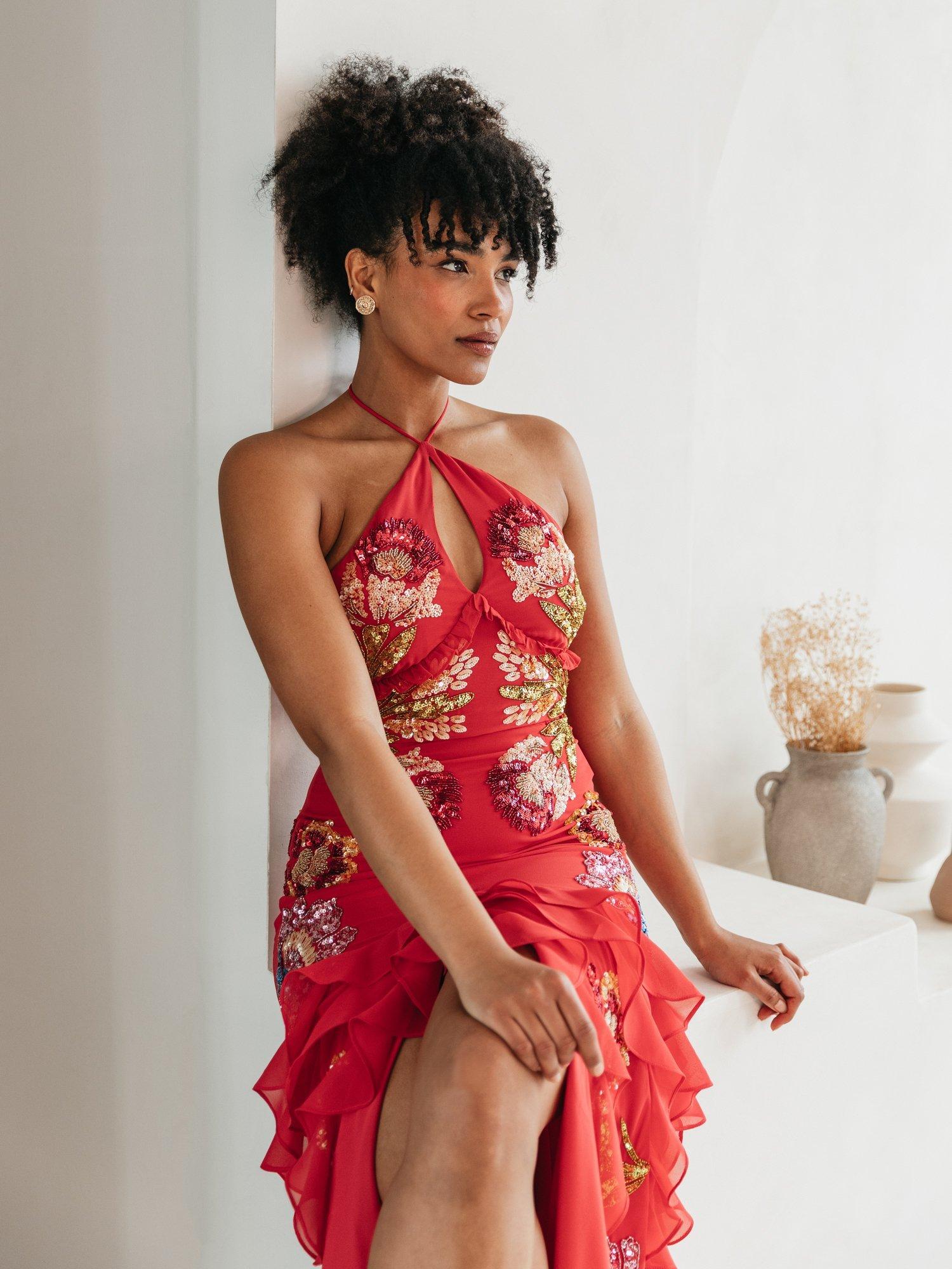Product image 3 of 8, which shows Maya Deluxe Floral Print Embellished Halterneck Maxi Dress, Hot Pink/Multi, 6