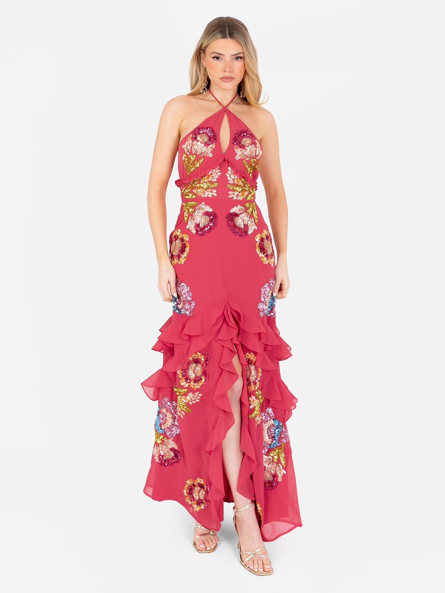 Product image 4 of 8, which shows Maya Deluxe Floral Print Embellished Halterneck Maxi Dress, Hot Pink/Multi, 6
