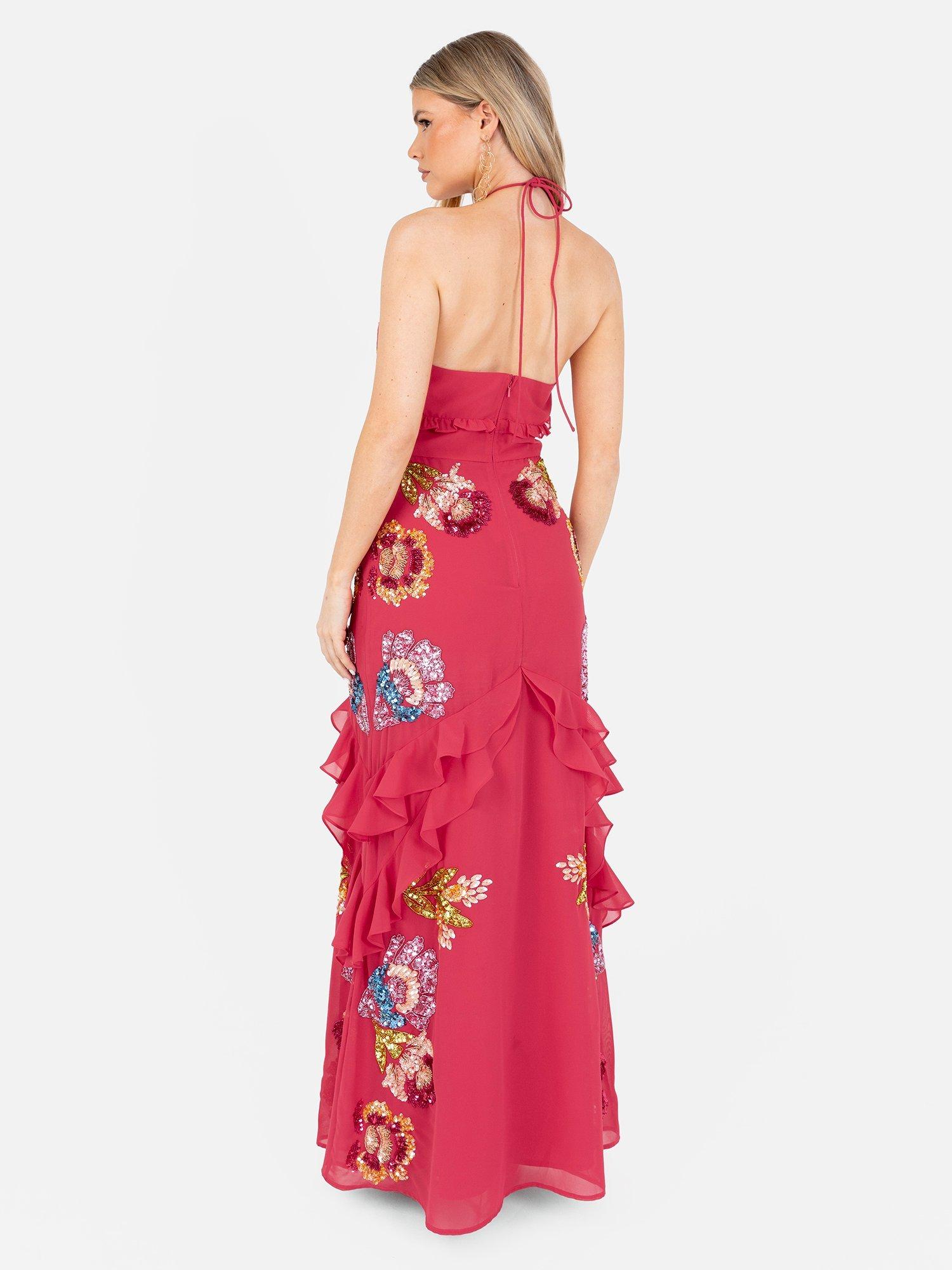 Product image 5 of 8, which shows Maya Deluxe Floral Print Embellished Halterneck Maxi Dress, Hot Pink/Multi, 6