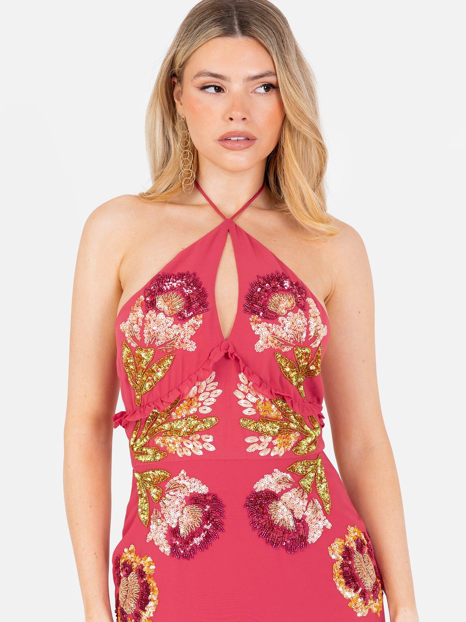 Product image 6 of 8, which shows Maya Deluxe Floral Print Embellished Halterneck Maxi Dress, Hot Pink/Multi, 6