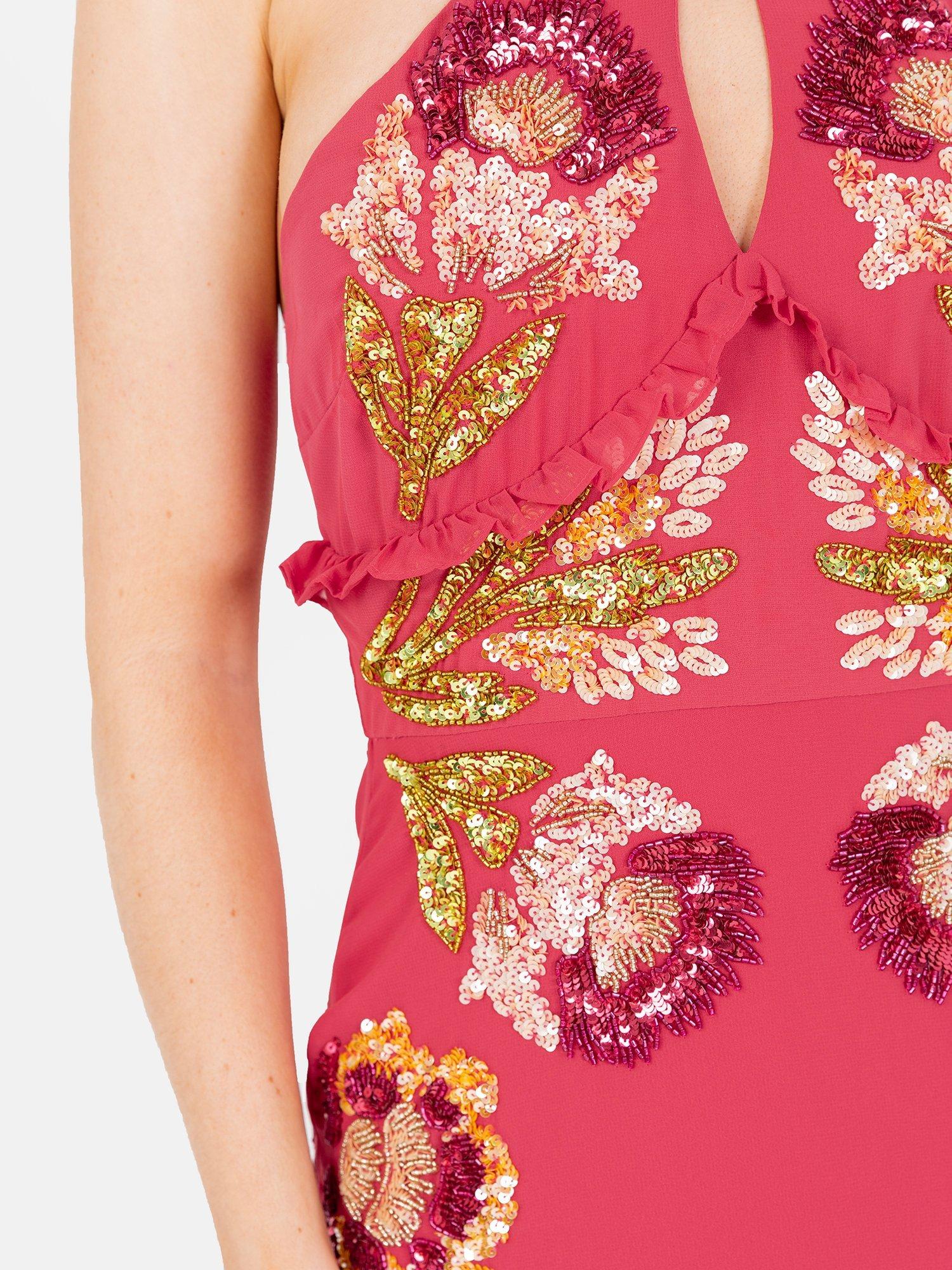 Product image 8 of 8, which shows Maya Deluxe Floral Print Embellished Halterneck Maxi Dress, Hot Pink/Multi, 6