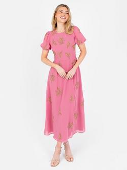 Maya Deluxe Beaded Placement Puff Sleeve Midi Dress, Rosy Pink /Gold