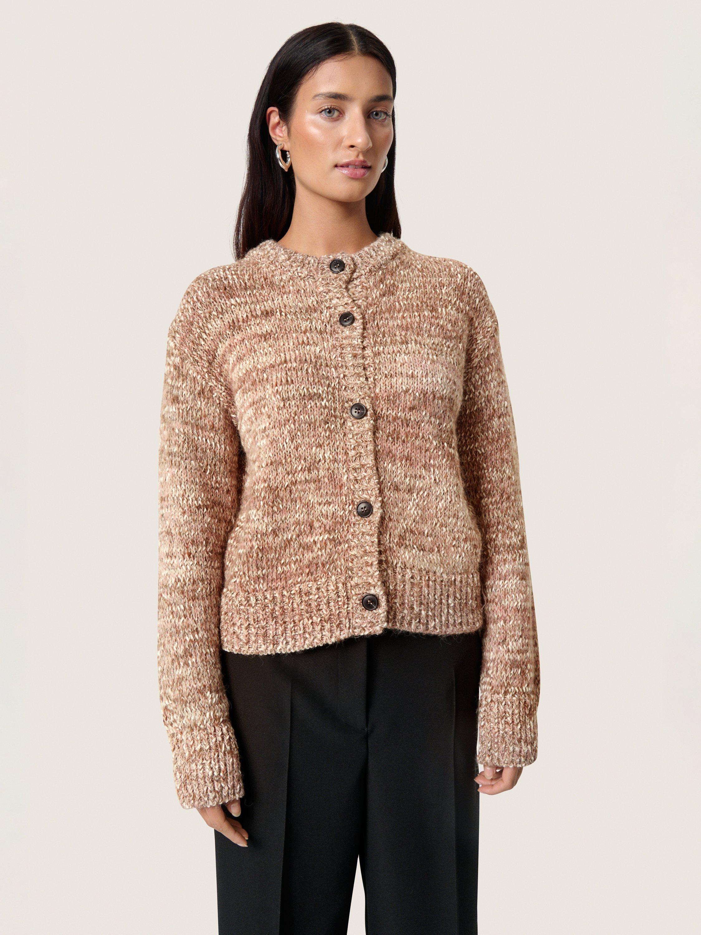 Product image 1 of 6, which shows Soaked In Luxury SLMacawi Long Sleeve Buttoned Wool Blend Cardigan, Mid Brown, XS