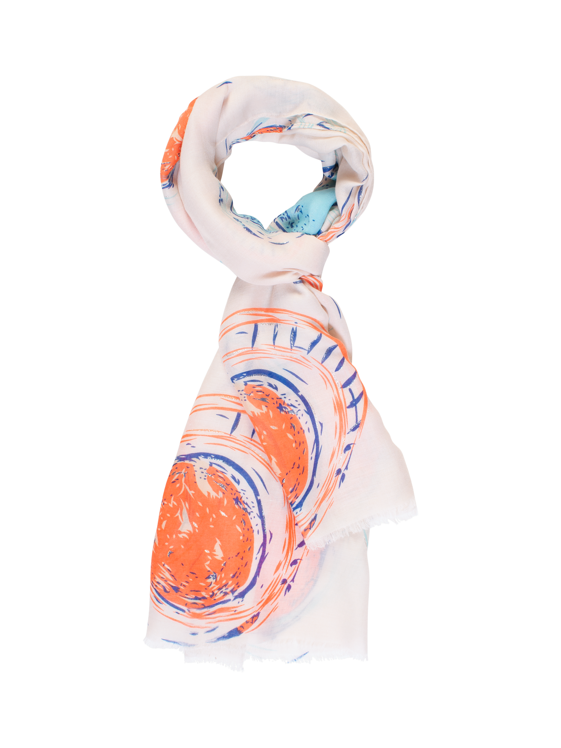 Product image 1 of 5, which shows chesca Illustrated Circles Scarf, Cream/Neon Ornage, One Size