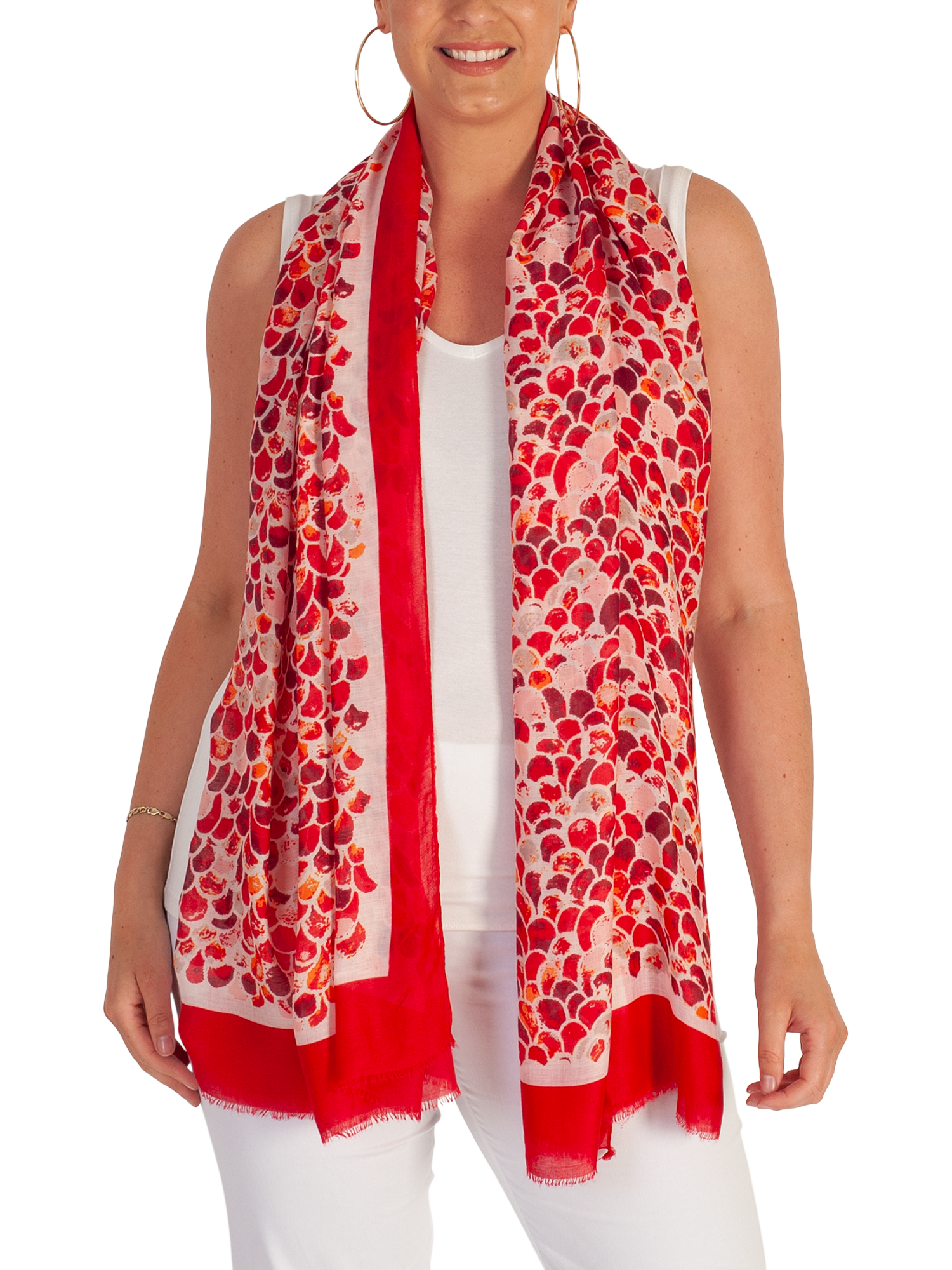Product image 2 of 5, which shows chesca Scale Print Colourblock Border Scarf, Red, One Size