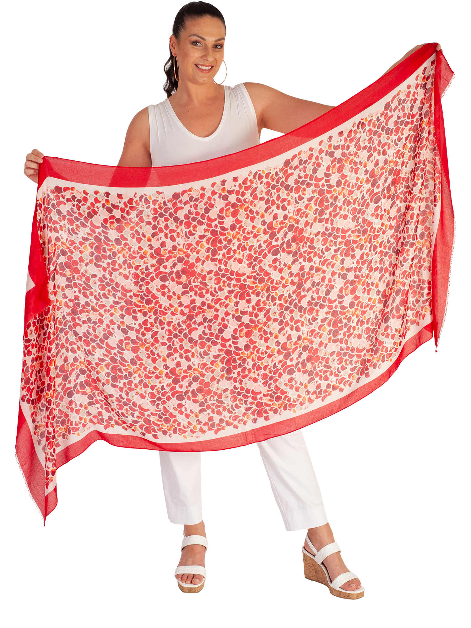 Product image 3 of 5, which shows chesca Scale Print Colourblock Border Scarf, Red, One Size