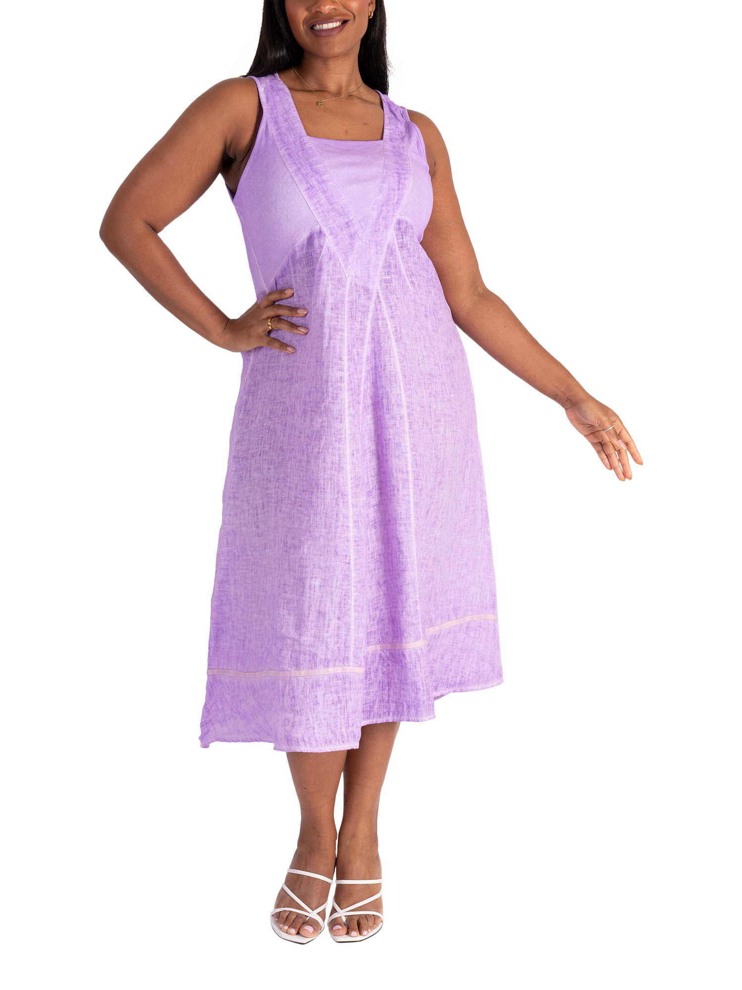 Product image 1 of 5, which shows chesca Ribbed Panelled Sleeveless Linen Dress, Lavender, 12-14