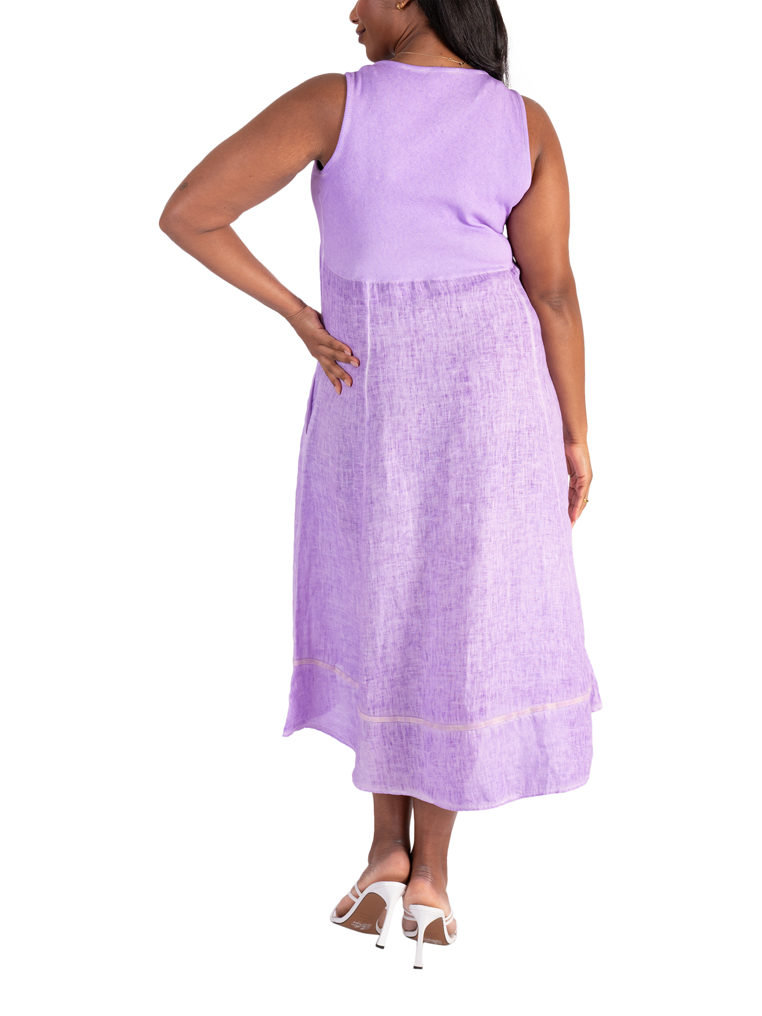 Product image 2 of 5, which shows chesca Ribbed Panelled Sleeveless Linen Dress, Lavender, 12-14
