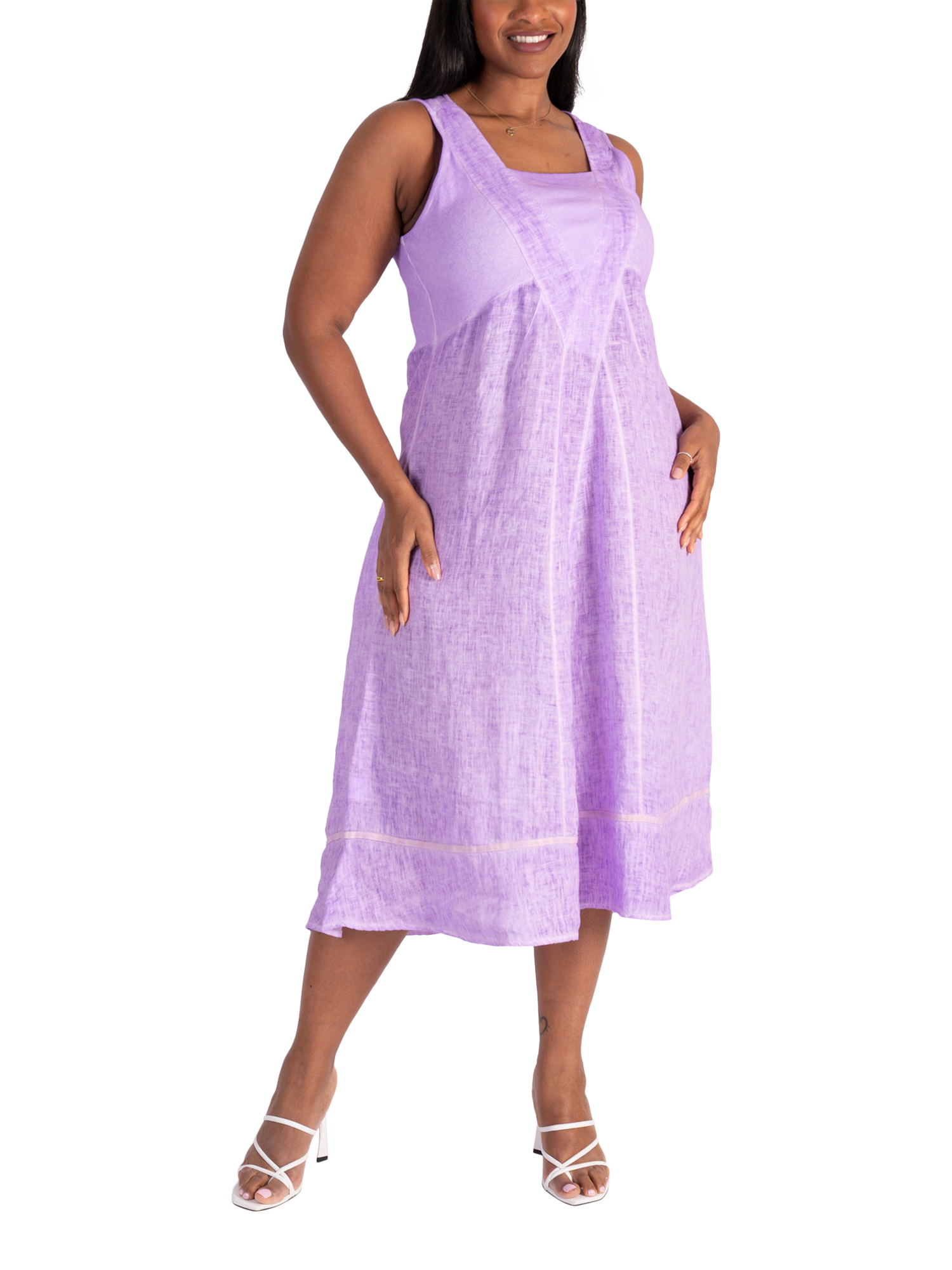 Product image 3 of 5, which shows chesca Ribbed Panelled Sleeveless Linen Dress, Lavender, 12-14