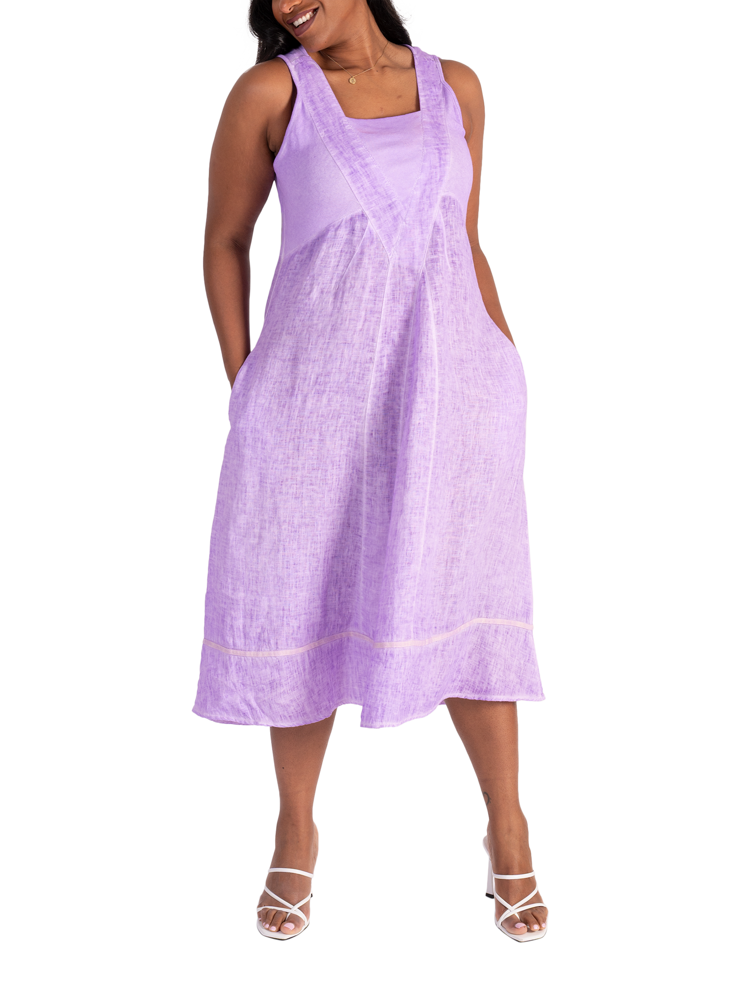 Product image 5 of 5, which shows chesca Ribbed Panelled Sleeveless Linen Dress, Lavender, 12-14
