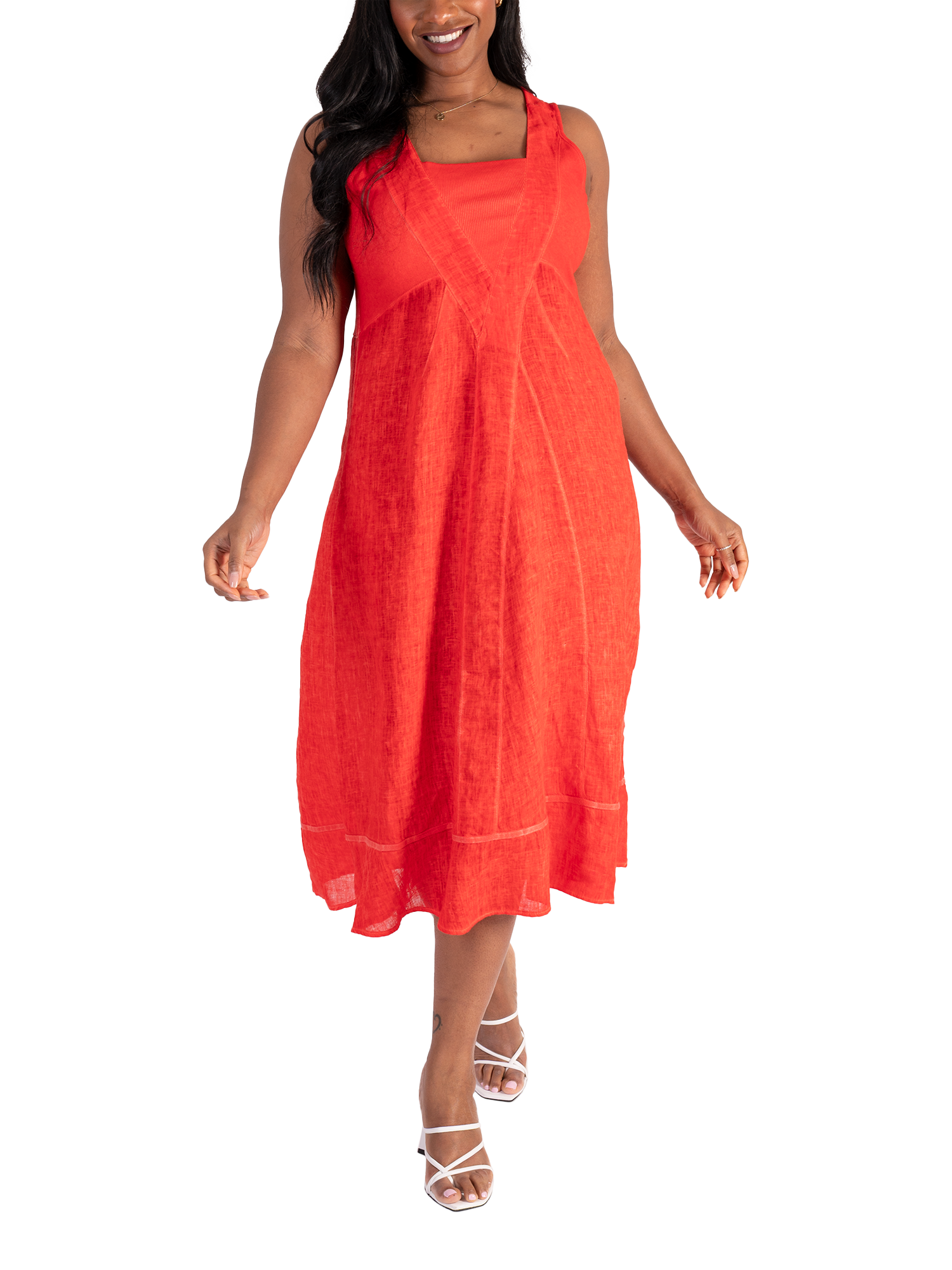 Product image 1 of 5, which shows chesca Ribbed Panelled Sleeveless Linen Dress, Tomato, 14-16